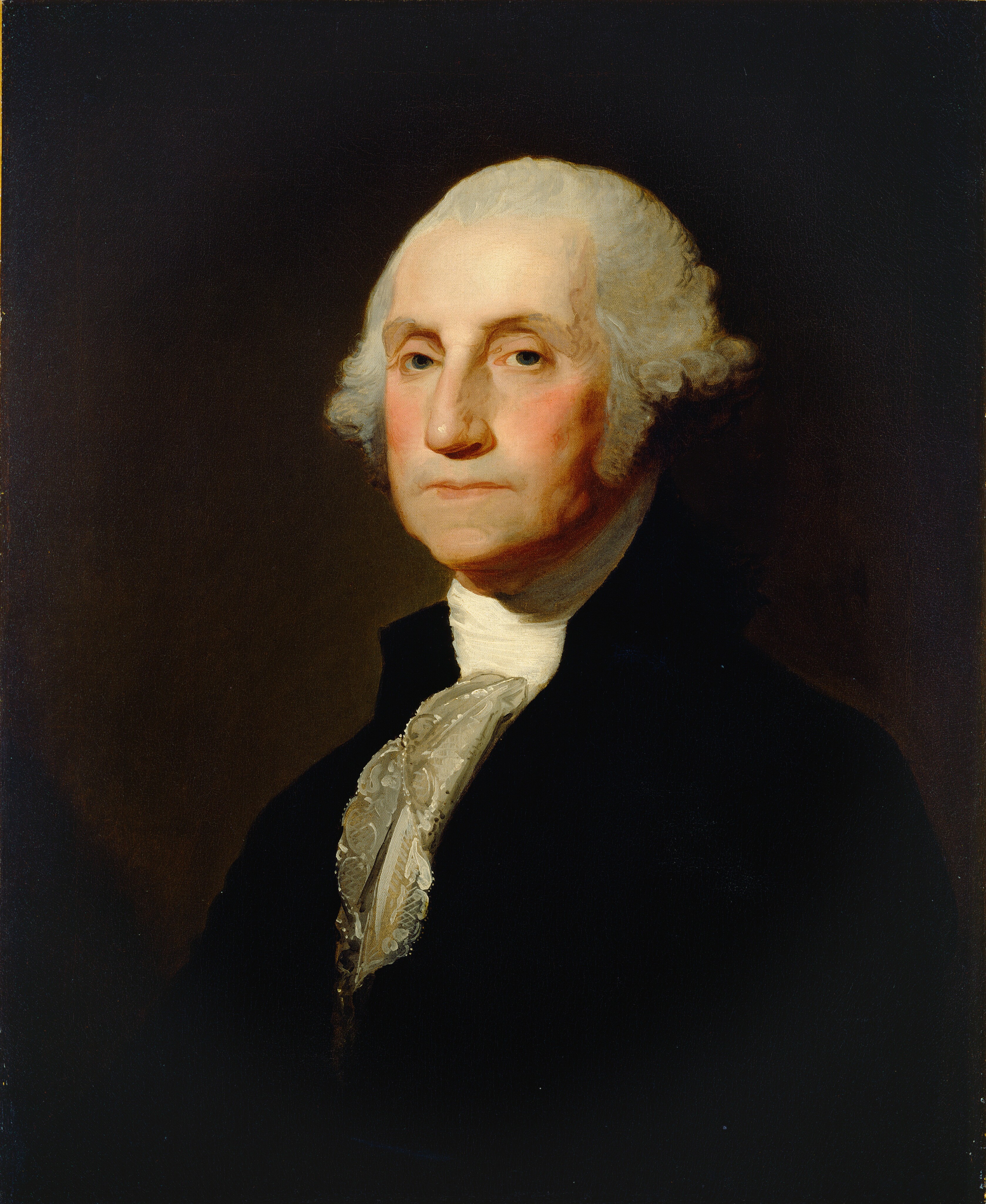 This painting is a portrait of a man from his chest up. He is positioned slightly angled to the left and looks directly at us. His skin is pale, and he has rosy cheeks, deep-set, dark eyes, a long, straight nose, and thin lips set in a neutral expression. His hair is light gray, combed back from his face and curled above his ears. He is wearing a black coat over a white, high-collared shirt and a white lace cravat. The background is dark brown.