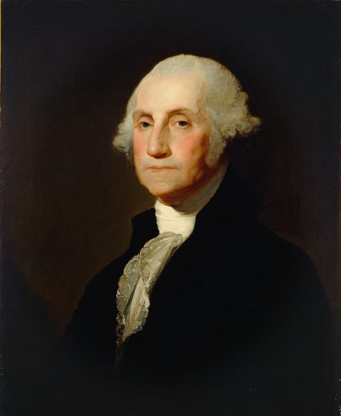This painting is a portrait of a man from his chest up. He is positioned slightly angled to the left and looks directly at us. His skin is pale, and he has rosy cheeks, deep-set, dark eyes, a long, straight nose, and thin lips set in a neutral expression. His hair is light gray, combed back from his face and curled above his ears. He is wearing a black coat over a white, high-collared shirt and a white lace cravat. The background is dark brown.