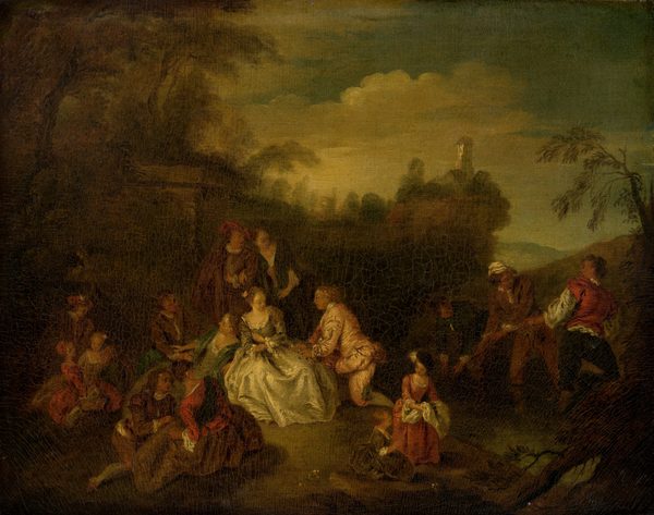 This painting depicts a gathering of people in a landscape setting. In the center, a woman in a pale gray dress is sitting, looking at a man in a pale pink suit who is kneeling next to her on the right. More men and women wearing elaborate dresses and suits are gathered on the ground around them, many of them disappearing into shadow on the left. On the right, there are two young girls, one appearing to have objects gathered in her white apron. Behind them, three men with their legs partially submerged in water appear to be pulling something upward by a rope. The people have skin in shades of cream, tan, and light brown. The scenery is dark, mostly painted with shades of brown and dark olive green. The horizon is in the upper third of the composition, showing trees and a tower on a brown cliff in front of a blue-green sky with light gray clouds.