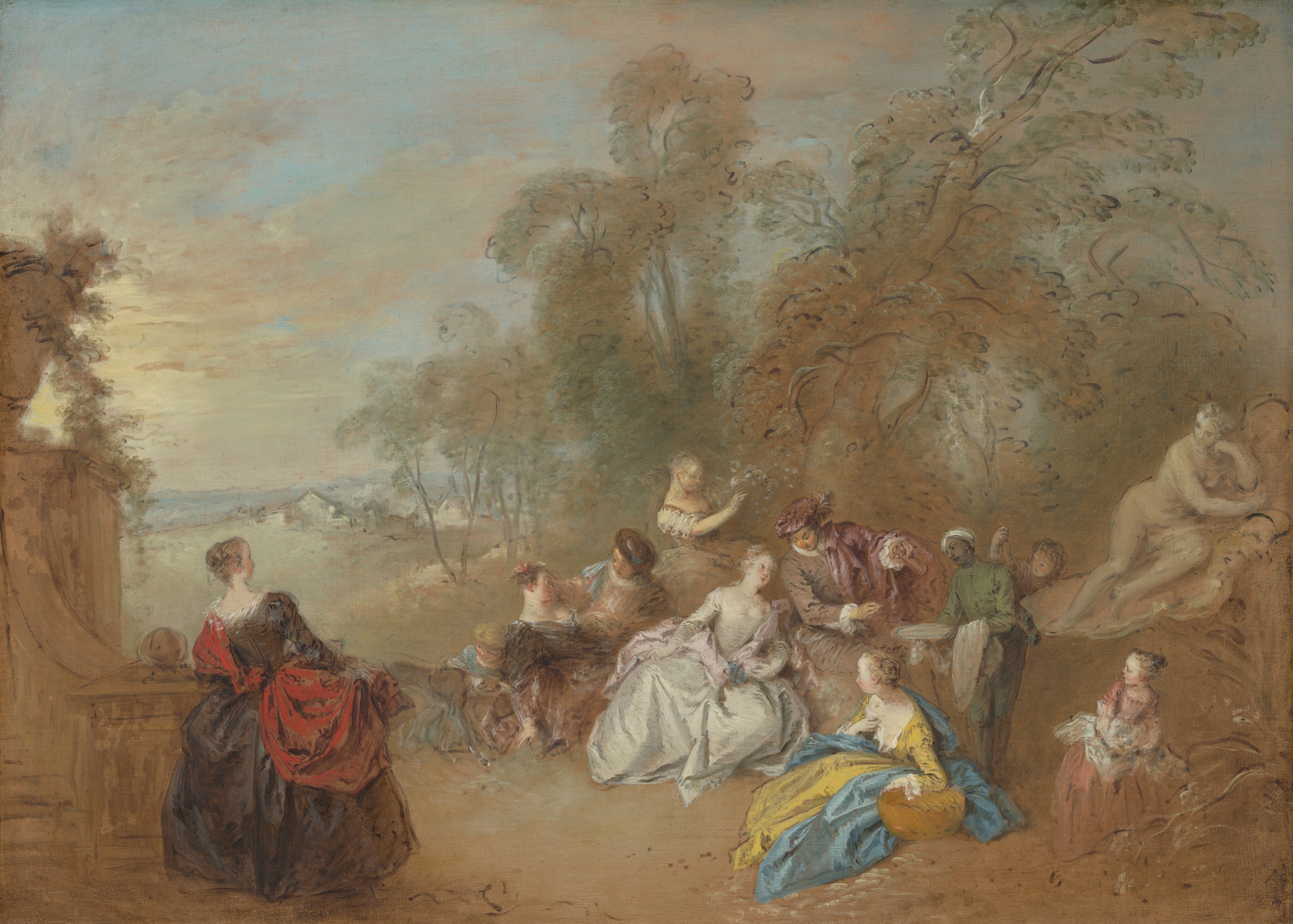 This is a painting of an outdoor gathering set in a pastoral landscape. A group of people dressed in soft, flowing garments are congregating under the trees, many of them sitting on the ground. Many of the people wear dresses and shawls in bright colors. The background displays a pastel-blue sky, tall leafy trees, and a serene green landscape that extends towards a distant horizon. On the far left appears to be the edge of a staircase or building, with one woman leaning against it with her back to us.