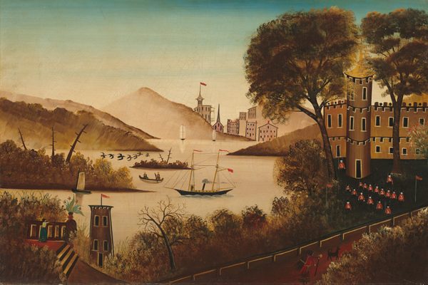 The image shows a tranquil waterway surrounded by hills and foliage. On the horizon, there are buildings including a castle and a town with a flag-topped tower. The vegetation is depicted with thick brushstrokes, giving it texture. The color palette includes warm and earthy tones with hints of red. In the foreground, a couple stands by an embankment watching boats on the water. Birds fly low over the water in the distance.