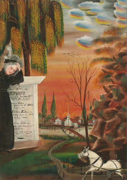 The image shows a scene with a weeping figure near a gravestone under a willow tree, a white horse attached to a cart on a path, and a distant townscape with a church steeple. The setting sun casts warm colors over the sky, with unique cloud formations and birds flying. The color palette consists of warm and cool tones.