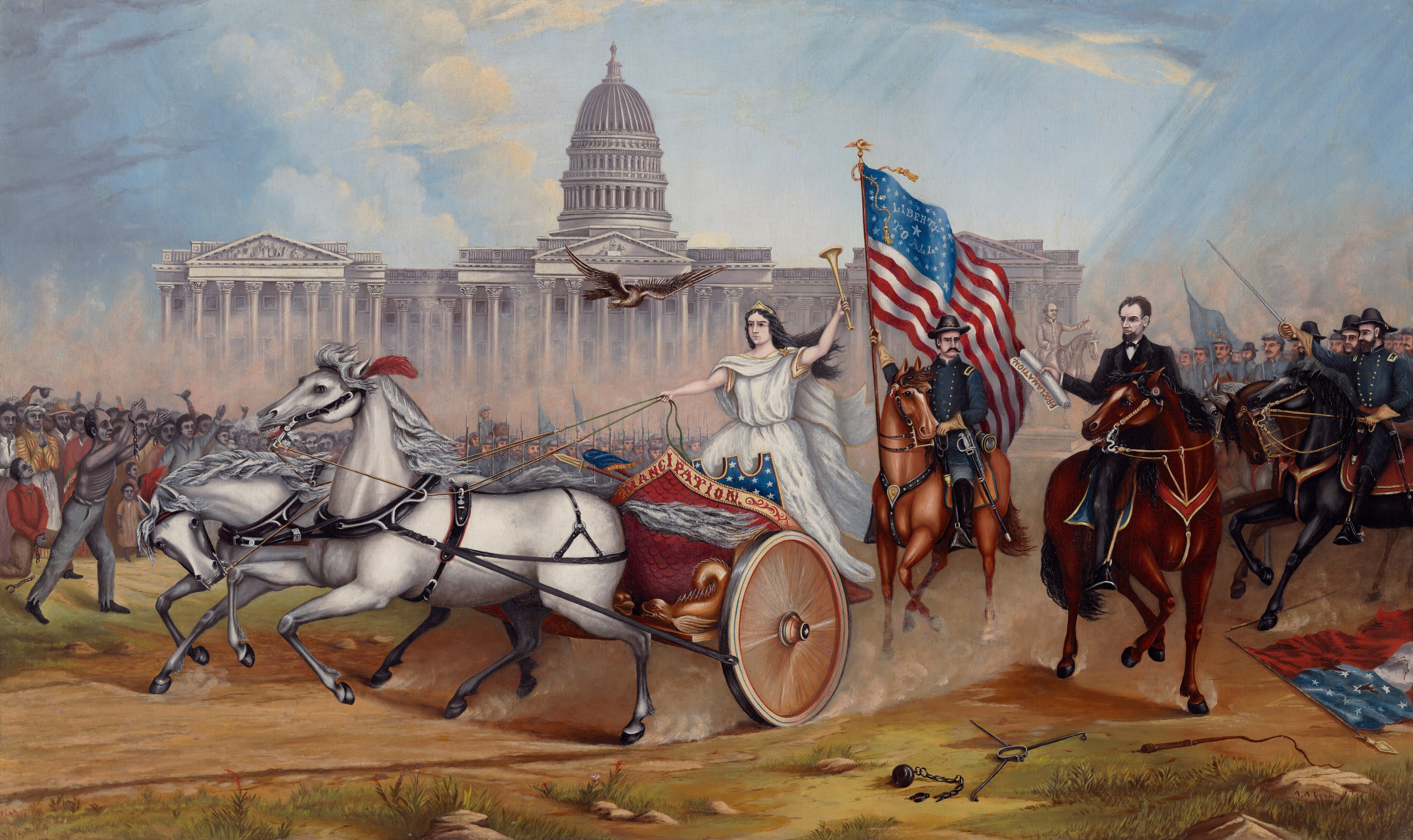 A woman driving a horse-drawn chariot, an eagle, Abraham Lincoln and soldiers on horseback, and a gathering of countless people gather in front of a columned, domed, white marble building in this horizontal painting. The woman, riders, and soldiers, who wear blue uniforms, to the right have pale skin. About half the people in the crowd to the left have grayish-brown-colored skin, and soldiers wearing gray to the left have pale skin. At the center of the composition, the woman wears a flowing white gown and gold headpiece as she drives a red and gold chariot pulled by two white horses. The chariot bears the word “EMANCIPATION” in red letters across its front. She holds the reins with one extended hand and holds a long, gold trumpet up high with her other hand. A brown eagle flies just overhead. To our right, Abraham Lincoln wears a black suit and sits astride a chestnut-brown horse. Lincoln holds out a scroll with one word legible: “PROCLAMATION.” A man on horseback next to Lincoln has a black handlebar mustache and wears a navy-blue uniform with brass buttons. He holds a United States flag, with the words “LIBERTY TO ALL” tucked among the stars in the blue field. To the right of Lincoln, soldiers in blue uniforms on horseback line up in formation. The frontmost horses trample a torn flag with one white and two red stripes, and a blue field with ten stars. A whip, neck shackles, and a weighted chain lie on the ground nearby. In the crowd representing enslaved people, some hold up their chained hands, kneel, or pray. The soldiers wearing gray also line up, rifle barrels creating a vertical forest of bayonets. Pink-tinged dust rises between the crowd and the US Capitol, which is outlined against a patch of clear, pale-blue sky. Clouds thicken to the left and are streaked with purple, and, to the right, streaks suggest incoming rain. The artist signed the painting as if he had written his name, “A.A. Lamb,” on a rock near the lower right corner.