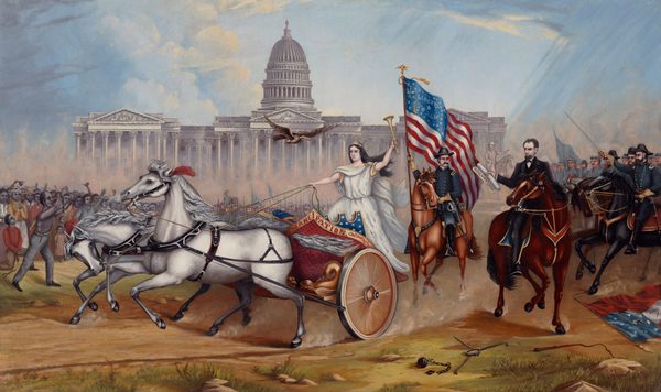 A woman driving a horse-drawn chariot, an eagle, Abraham Lincoln and soldiers on horseback, and a gathering of countless people gather in front of a columned, domed, white marble building in this horizontal painting. The woman, riders, and soldiers, who wear blue uniforms, to the right have pale skin. About half the people in the crowd to the left have grayish-brown-colored skin, and soldiers wearing gray to the left have pale skin. At the center of the composition, the woman wears a flowing white gown and gold headpiece as she drives a red and gold chariot pulled by two white horses. The chariot bears the word “EMANCIPATION” in red letters across its front. She holds the reins with one extended hand and holds a long, gold trumpet up high with her other hand. A brown eagle flies just overhead. To our right, Abraham Lincoln wears a black suit and sits astride a chestnut-brown horse. Lincoln holds out a scroll with one word legible: “PROCLAMATION.” A man on horseback next to Lincoln has a black handlebar mustache and wears a navy-blue uniform with brass buttons. He holds a United States flag, with the words “LIBERTY TO ALL” tucked among the stars in the blue field. To the right of Lincoln, soldiers in blue uniforms on horseback line up in formation. The frontmost horses trample a torn flag with one white and two red stripes, and a blue field with ten stars. A whip, neck shackles, and a weighted chain lie on the ground nearby. In the crowd representing enslaved people, some hold up their chained hands, kneel, or pray. The soldiers wearing gray also line up, rifle barrels creating a vertical forest of bayonets. Pink-tinged dust rises between the crowd and the US Capitol, which is outlined against a patch of clear, pale-blue sky. Clouds thicken to the left and are streaked with purple, and, to the right, streaks suggest incoming rain. The artist signed the painting as if he had written his name, “A.A. Lamb,” on a rock near the lower right corner.