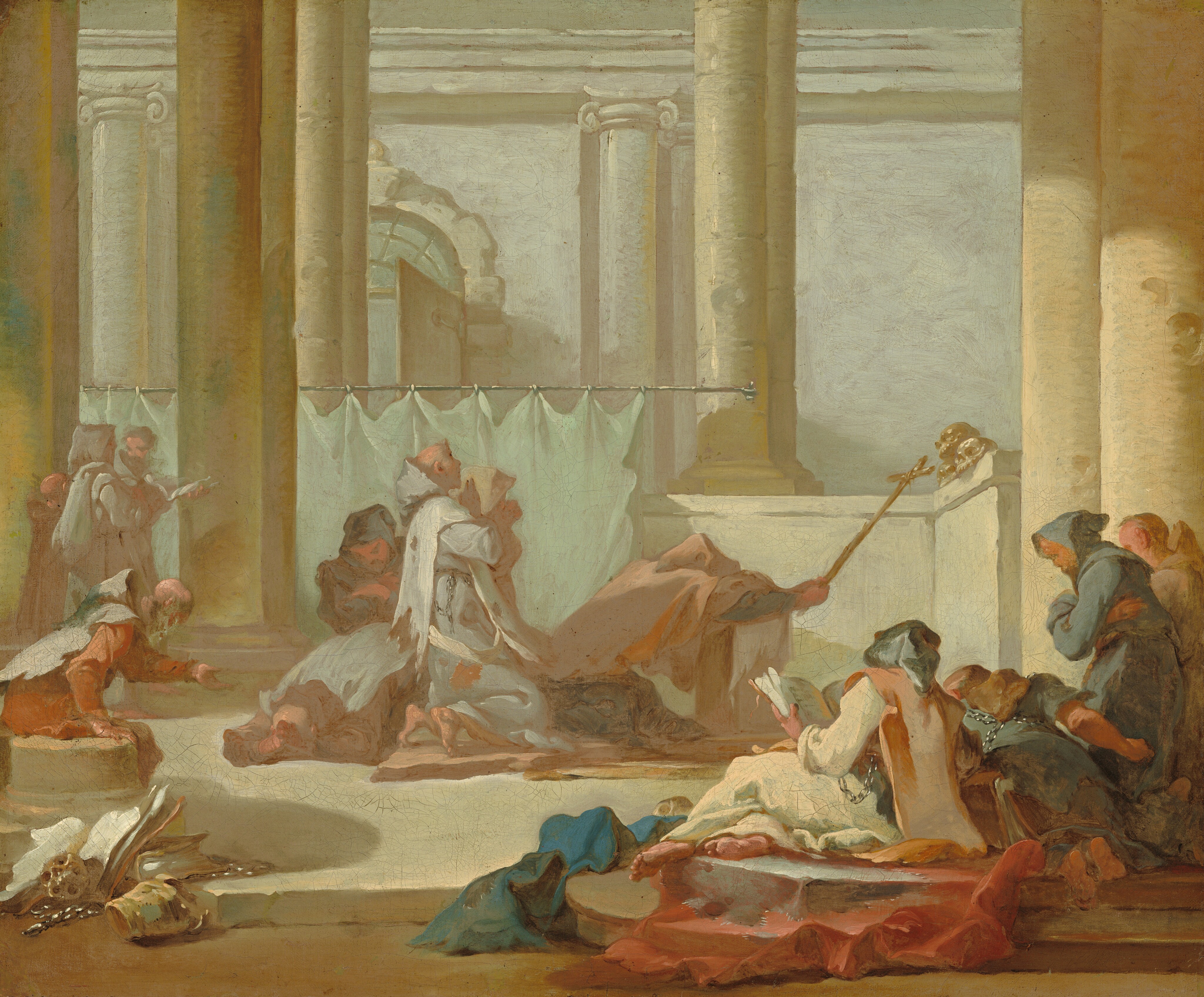 Twelve men and perhaps a child, who is bald and wears a brown robe, kneel, sit, or prostrate themselves in front of an altar piled with three skulls in this almost square painting. All the men appear to have pale, peachy skin and wear tattered robes with hoods in shades of sky or slate blue, peanut brown, terracotta orange, or silvery gray. The man closest to the altar holds up a long cross so it almost touches the skulls. He kneels and bows deeply so his hood completely hides his face. Three more men are near him in this grouping, and another rests on the broken base of a column as he reaches forward, head bowed. The child and two taller adults stand in the background along the left edge of the composition, and four more men are clustered in the lower right corner. The two to the left in this final group have chains wrapped around their torsos and are barefoot. The leftmost reclines on one hip and looks at the open book he holds. The other two men kneel. Carnation-pink and sapphire-blue robes lie across the two steps where these four people gather. Another book and glimmering objects, perhaps pieces of armor and maybe another skull, are heaped in a pile to the left. Beyond all the people, a mint-green curtain just taller than the standing men hangs across the lower portion of a row of columns in front of pearl-white walls with molding, columns, and an arched doorway. Some brushstrokes are loose, especially in the clothing and background.