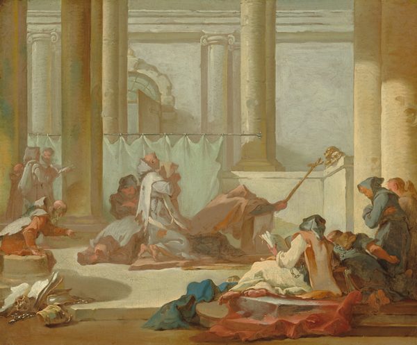 Twelve men and perhaps a child, who is bald and wears a brown robe, kneel, sit, or prostrate themselves in front of an altar piled with three skulls in this almost square painting. All the men appear to have pale, peachy skin and wear tattered robes with hoods in shades of sky or slate blue, peanut brown, terracotta orange, or silvery gray. The man closest to the altar holds up a long cross so it almost touches the skulls. He kneels and bows deeply so his hood completely hides his face. Three more men are near him in this grouping, and another rests on the broken base of a column as he reaches forward, head bowed. The child and two taller adults stand in the background along the left edge of the composition, and four more men are clustered in the lower right corner. The two to the left in this final group have chains wrapped around their torsos and are barefoot. The leftmost reclines on one hip and looks at the open book he holds. The other two men kneel. Carnation-pink and sapphire-blue robes lie across the two steps where these four people gather. Another book and glimmering objects, perhaps pieces of armor and maybe another skull, are heaped in a pile to the left. Beyond all the people, a mint-green curtain just taller than the standing men hangs across the lower portion of a row of columns in front of pearl-white walls with molding, columns, and an arched doorway. Some brushstrokes are loose, especially in the clothing and background.