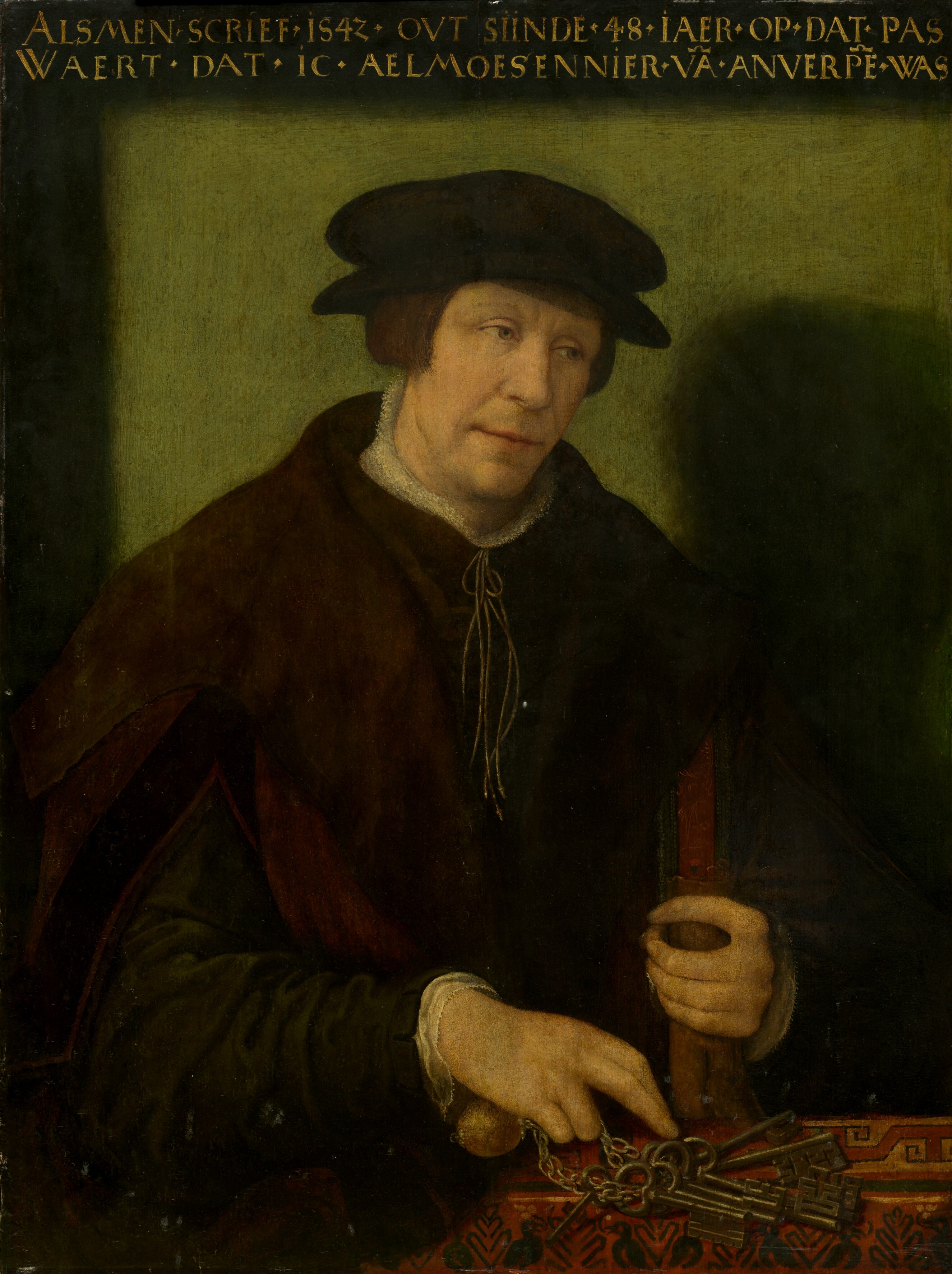The painting depicts a man from the waist up, seated and facing slightly to the right. He has a light complexion, soft expression, and medium-length straight brown hair mostly covered by a flat beret-style hat. He wears a dark brown robe with wide sleeves over a dark garment, and a white shirt with a visible collar underneath. The man holds a walking stick in his left hand and a chain with several keys in his right hand, resting on a patterned surface in front of him. The background is a muted, dark green, with a shadow cast behind him and text inscribed at the top of the image.