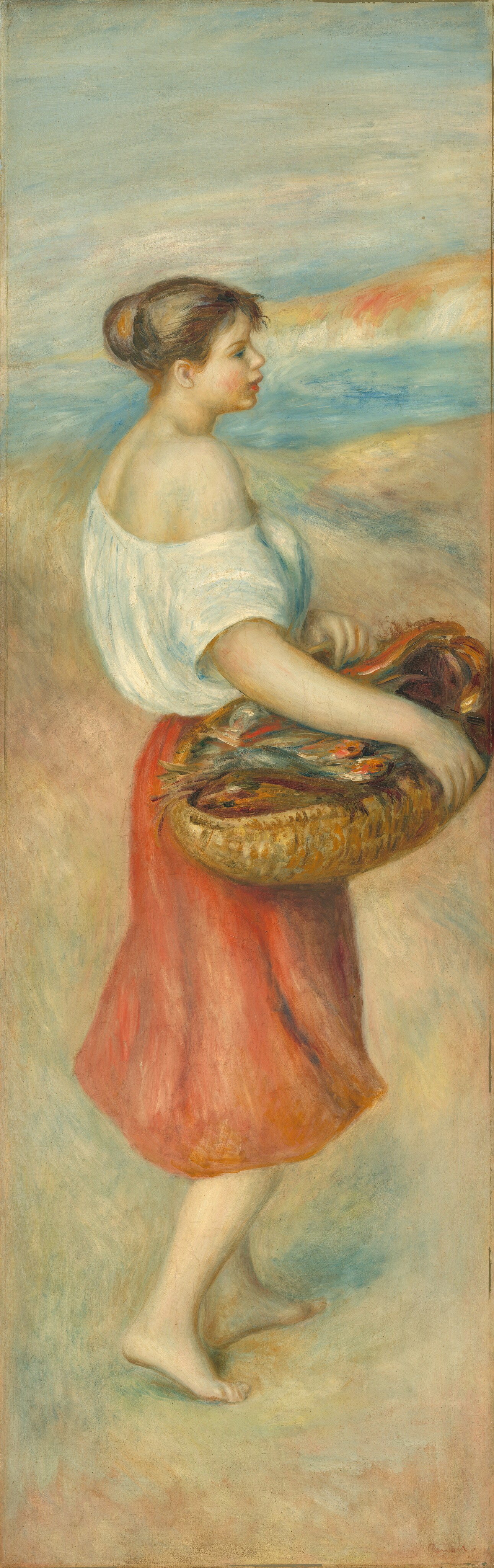 This painting depicts a woman standing in profile, facing the right. She has light skin, dark hair styled in a low bun, rosy cheeks, and pink lips, and she is wearing a white off-the-shoulder blouse and a red skirt. She holds a large woven basket filled with gray-and-orange fish and is resting it on her hip. The background shows a beach-like landscape with a vast blue sky over tan dunes with hints of orange and pink. The brushstrokes in the painting are thick and visible.