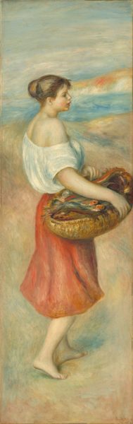 This painting depicts a woman standing in profile, facing the right. She has light skin, dark hair styled in a low bun, rosy cheeks, and pink lips, and she is wearing a white off-the-shoulder blouse and a red skirt. She holds a large woven basket filled with gray-and-orange fish and is resting it on her hip. The background shows a beach-like landscape with a vast blue sky over tan dunes with hints of orange and pink. The brushstrokes in the painting are thick and visible.