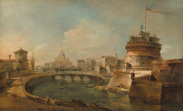 The painting shows a cityscape with a large cylindrical reddish-brown fortress on the right. In the center, a wide river winds through the city, with people by the riverbank and more people walking along a winding road on the left. In the background, there are tan buildings with terracotta roofs, a stone bridge, and a large white building with a blue dome. The sky is painted in soft blue and peach tones, with loose brushstrokes, and the water below is blue green. The wide road on the left is tan, and it curves around to join the stone bridge that crosses the river horizontally.