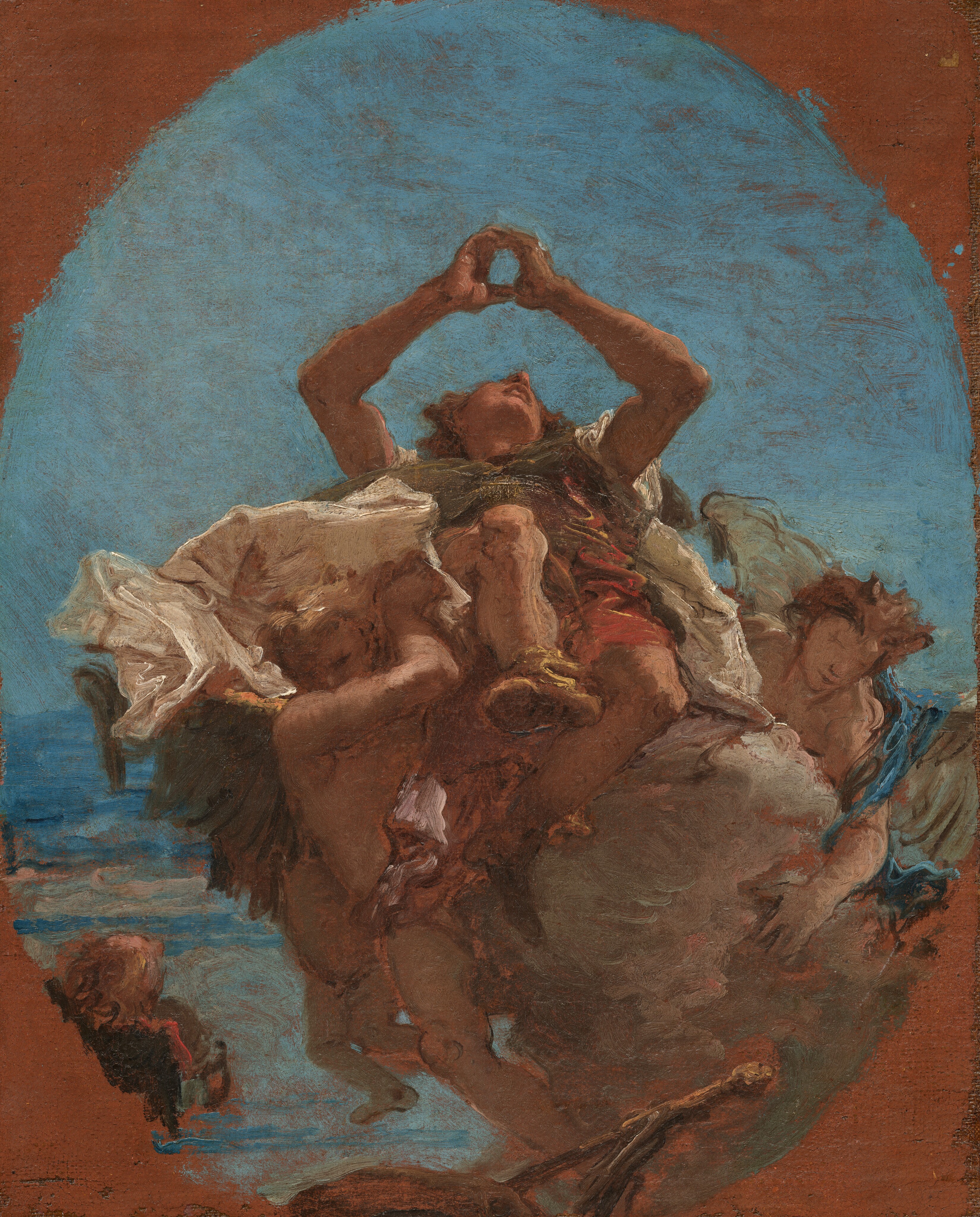 This painting shows several people in the sky, surrounded by billowing fabric. In the center is a person who appears to be sitting on a cloud-like form. The person is on their back with their legs towards us and their head tilted up. They have short, curly hair and wear a garment of red and green cloth, with their arms raised upward above their head, their hands cupped together in a circular shape. On either side of them, three other people are partially visible, two to the left and one to the right. These people appear to be supporting the cloud and the central person, lifting them upwards. They have large blue and green wings with cloth draped around them, and no distinct facial features. One of the people on the left looks like a child, perhaps a cherub, although their upper body and head are blocked up the wings of the other person. What looks like the back of another person's head is visible in the bottom left. All of the people have pale skin. The background features a blue sky with streaks of cream and pink. The painting is enclosed within an oval shape and bordered in reddish-brown.
