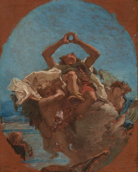 This painting shows several people in the sky, surrounded by billowing fabric. In the center is a person who appears to be sitting on a cloud-like form. The person is on their back with their legs towards us and their head tilted up. They have short, curly hair and wear a garment of red and green cloth, with their arms raised upward above their head, their hands cupped together in a circular shape. On either side of them, three other people are partially visible, two to the left and one to the right. These people appear to be supporting the cloud and the central person, lifting them upwards. They have large blue and green wings with cloth draped around them, and no distinct facial features. One of the people on the left looks like a child, perhaps a cherub, although their upper body and head are blocked up the wings of the other person. What looks like the back of another person's head is visible in the bottom left. All of the people have pale skin. The background features a blue sky with streaks of cream and pink. The painting is enclosed within an oval shape and bordered in reddish-brown.