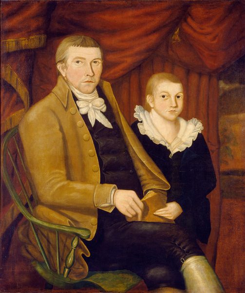 The image displays two people from the waist up. The person on the left is seated in a green chair, facing slightly towards the viewer. They have short, light brown hair neatly combed to the side, a stern expression, noticeable cheeks, and a defined nose. They wear a tan coat with gold buttons over a black waistcoat and a white cravat. The person next to them, potentially a child, is slightly in front, facing the viewer, with hands clasped together or touching the object held by the other person. The child has very short light hair, a similar facial structure with bright eyes, and wears a dark garment with a white ruffled collar. The background features rich red drapery and a hint of a scenic landscape.