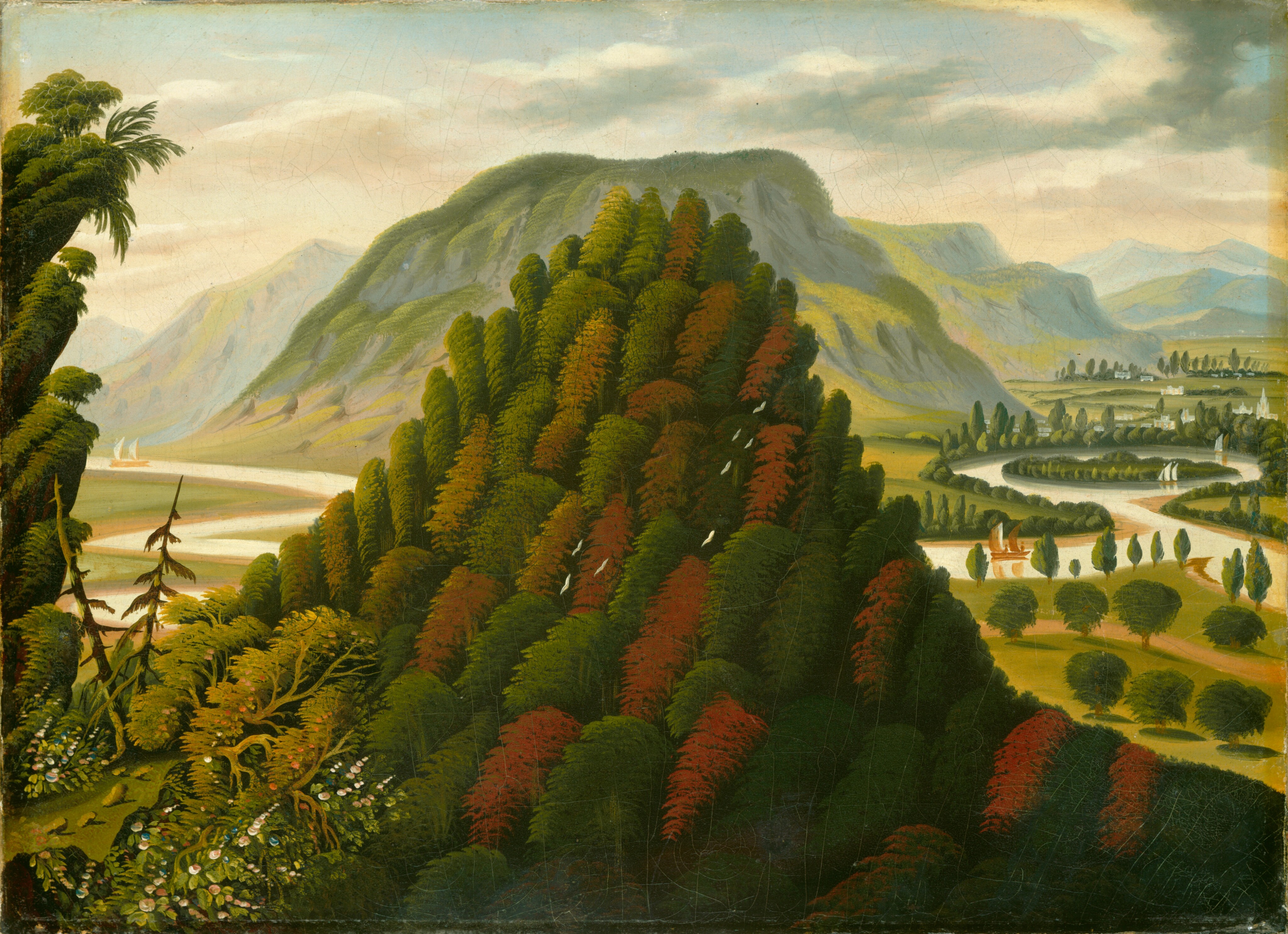 This painting features a landscape with trees and foliage in dark greens, browns, and orange-red tones. In front of us, a steep mountain rises, covered with detailed trees in shades of green, orange, and yellow. Behind it, a river winds from left to right, the bank lined with more green trees and small white buildings, with several small white boats floating on the surface of the gray water. Behind the river are more mountains, some fading into the distance, painted in muted blues and greens. The blue sky has puffy clouds in shades of white, pale yellow, light gray, and darker gray.