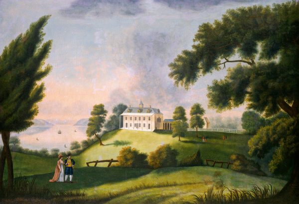 This painting shows a grassy, hilly landscape with trees around the edge and a wide river in the distance, dotted with small sailing ships. In the center of the painting is a stately white mansion on top of a green hill. To the right of the mansion, two couples walk along the grass by a white fence. Closer to us, in the bottom left corner, another couple walks arm in arm. The woman wears a long pink jacket over a white dress with a pink hat, and the man wears a dark blue coat over a yellow vest, with blue shorts over white stockings and a black hat on his head. Behind them, the wide river below stretches to the horizon. The sky above the scene is light blue and light pink, with purple clouds. The water of the river reflects these colors, and is mostly a soft, light pink.