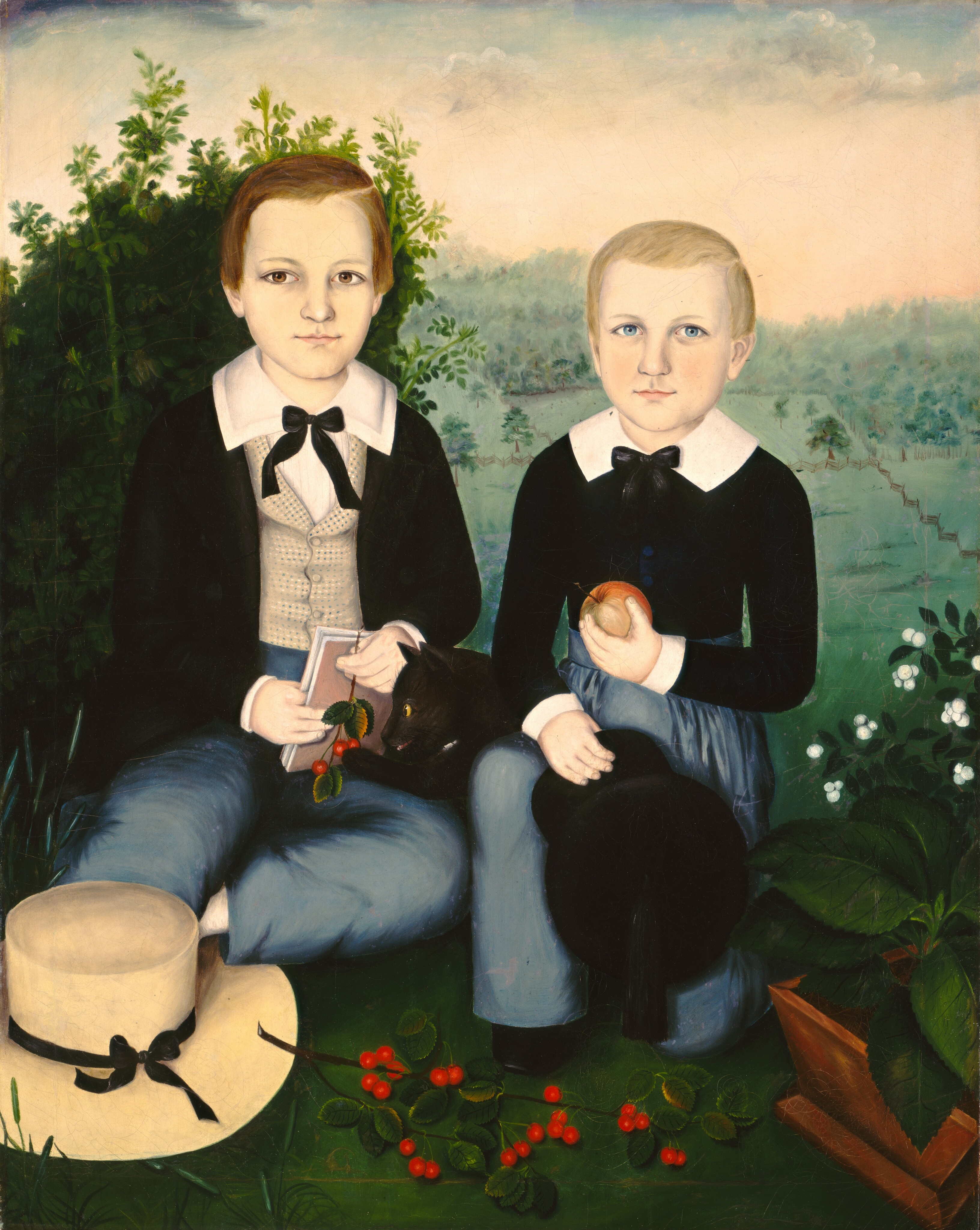 Two children are sitting side by side. The child on the left has short, brown hair, holds a book, and has a black cat on their lap. They wear a formal outfit and a straw hat lies on the grass near their feet. The child on the right has light blond, short hair, and holds an apple and a black hat. Both wear formal outfits. The background shows a landscape with hills, a scattered forest, and a cloudy sky.
