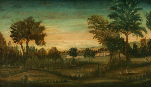 This painting shows a green landscape seen from afar. In the distance, there are large white buildings partially obscured by tall leafy trees. Small people engage in leisure activities, such as walking along the grass, playing games, or sitting together. On the far left are two cows or horses in an open field. The color palette is mainly comprised of dark green, brown, and olive tones. The sky behind the trees is dark blue at the top of the painting, and transitions into a lighter yellow or peach color near the horizon.