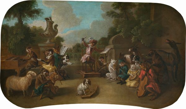 This is a painting of various animals dressed in human clothing and playing different musical instruments. In the center, a brown monkey in a pink tunic, ruffled collar, and plumed hat appears to be conducting, holding a rolled piece of paper in one hand and pointing at a page of sheet music with the other. The other animals include cats, dogs, goats, foxes, and sheep. Some appear to sing and hold sheet music, while others play violins, cellos, lutes, flutes, bassoons, and trumpets. Another monkey on the far left plays a piano, and a small dog in the center plays a flat, stringed instrument similar to a zither. The setting includes lush green trees, a cloudy blue sky, and architectural elements like a large gray urn and low stone walls.