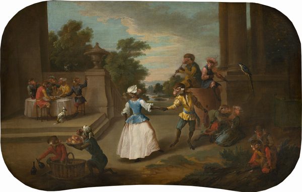 This is a painting of anthropomorphic monkeys engaging in activities in an outdoor space framed with columns. On the left side, a group of monkeys in colorful tunics and hats sits around a table, raising their glasses in a toast. A dog sits by their feet, and a cat looks down at them, standing on the stone wall behind the table. Closer to us, near the bottom left corner, one monkey sits by a large basket, holding a glass bottle, while another monkey holds a platter of peaches. In the center of the painting, two monkeys are dancing together. One wears a white gown with a blue corset and a white bonnet, while the other wears a yellow vest and green-blue breeches. Behind them, two monkeys sit on a barrel, one playing a horn and one playing a violin. A large colorful parrot sits on the stone wall next to them. At the bottom of the barrel, two monkeys sit close together, one in a green jacket and red trousers leaning towards one in a blue dress and white bonnet who leans away. Near the bottom right corner, one monkey in a red-and-brown tunic and a brown cap appears to vomit on the ground, while another monkey in a vest and cap stands behind them, their hands on the shoulders of the vomiting monkey. In the background, beyond the columns, we can see green trees, a winding body of water, and a blue sky with pink-and-gray clouds drifting across it.