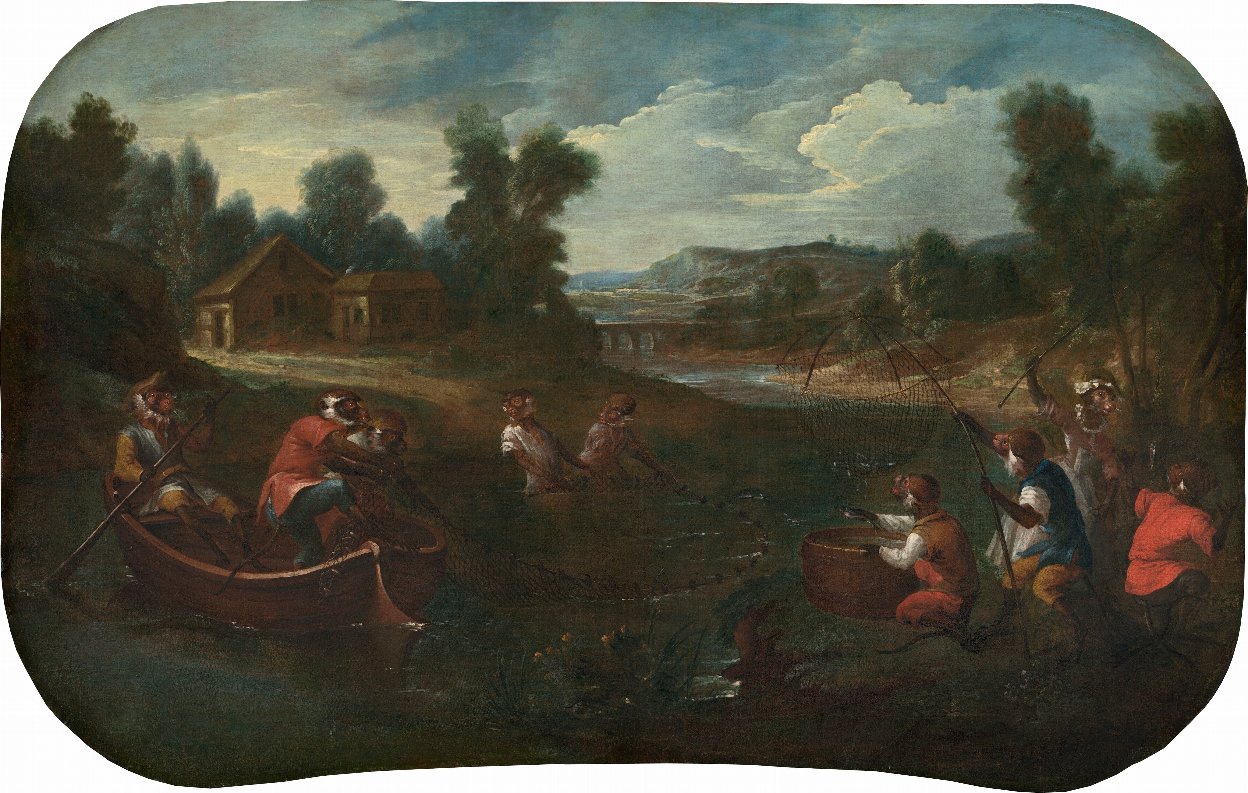 The image shows a riverbank with a group of monkeys fishing. The horizon line is high, showing the sky, distant hills, and a bridge. The scene has detailed brushwork depicting trees and water. The color palette is earthy with tones of brown and green, with accents of red, blue, and orange on the monkeys' clothing. In the foreground, two monkeys are in a boat with a net, while others are helping. More monkeys are shown on the right, holding poles and nets, indicating a lively scene.