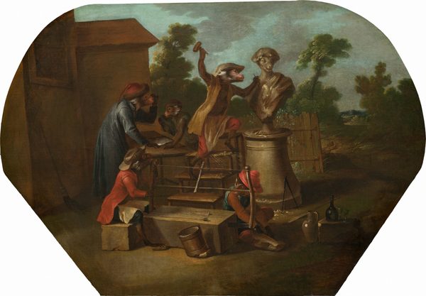 This is a painting of monkeys creating a sculpture. The scene shows monkeys working as sculptors. One monkey is chiseling a bust on a plinth, while others are nearby, some seeming to discuss or plan. The setting is outdoors with shrubbery, fencing, and a cloudy sky. Various tools and vessels are scattered around, creating a busy workspace. The painting captures a playful and satirical moment, featuring animals engaging in human-like activities. The style is reminiscent of the baroque period, similar to works by artist David Teniers the Younger, known for paintings of monkeys in human scenarios, also known as 'singeries.'