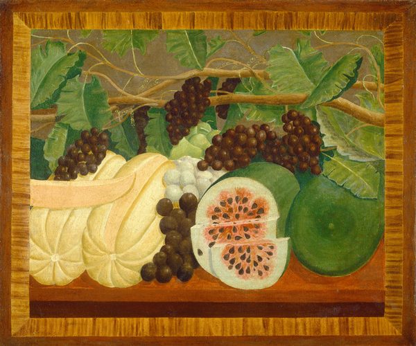 The image features a variety of fruit, including large white melons, a sliced red watermelon, and clusters of dark and white grapes with an assortment of green leaves. The color palette includes shades of green, brown, white, pink, and black. The large white melons and the half watermelon are positioned in the foreground, while the grapes and vine leaves are in the background. The fruits and leaves are on a wooden tabletop, with the green leaves and grapes forming a backdrop.