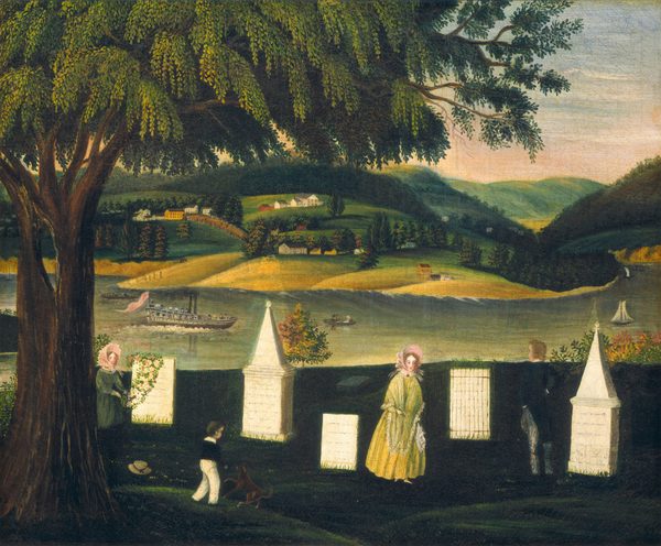 The image features a large tree with lush foliage on the left side. Figures, including a woman with a bonnet, a child playing with a dog, and a man and woman near white gravestones are depicted. In the background, there is a tranquil river with a steam-powered paddle boat and small sailboats. Rolling green hills with houses and trees can be seen in the distance. The color palette is earthy, with shades of green, yellow, and blue predominating.