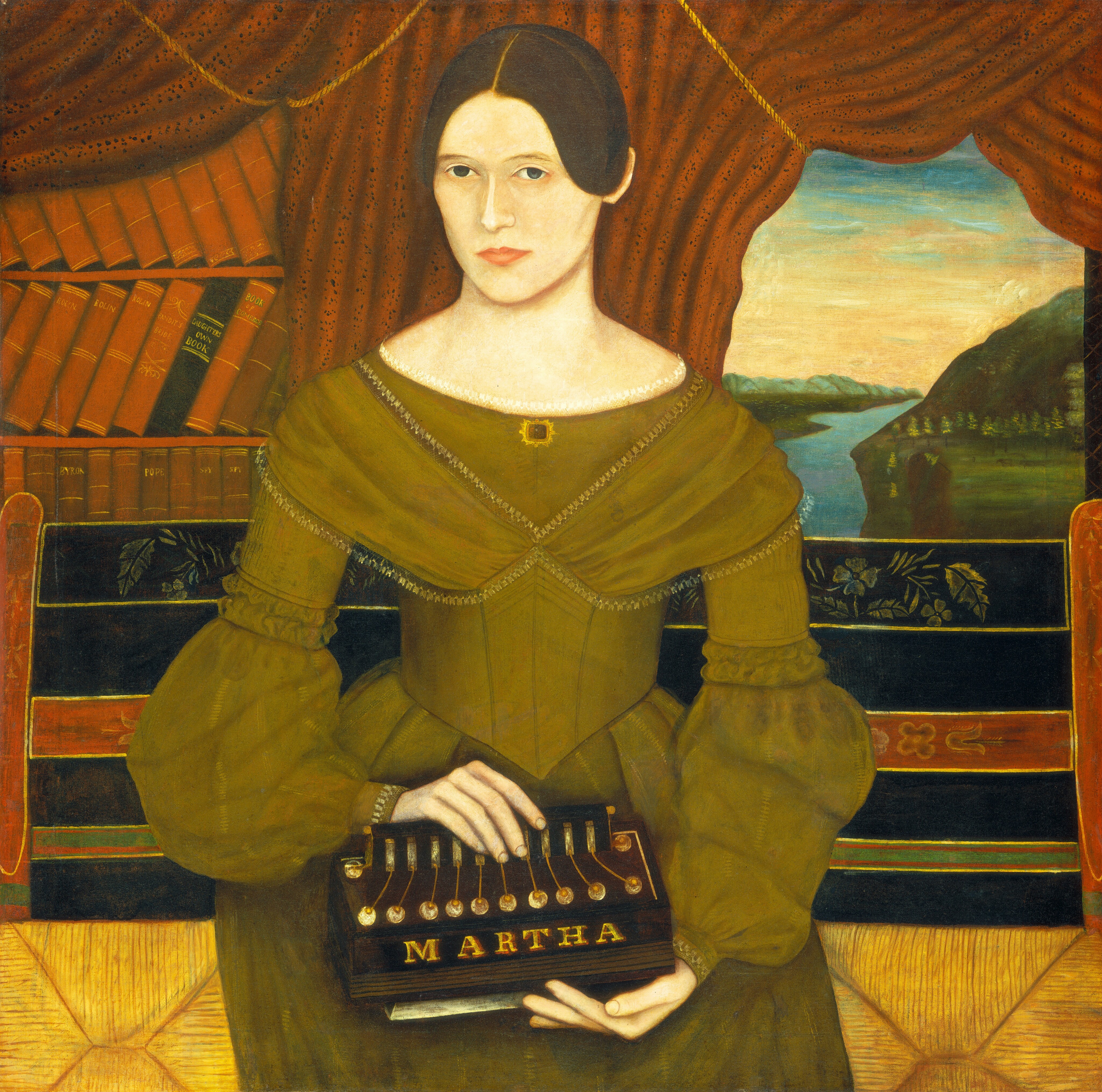 The image shows a portrait of a woman depicted from the waist up. She is seated and facing forward. Her facial features are characterized by a fair complexion, and her hair is dark brown, parted in the middle and pulled back neatly. She is wearing an olive green dress with puffed sleeves and detailed lace trim across the dress. The dress has a high neckline with a small square brooch at the collar. She holds a musical instrument with the name "MARTHA" emblazoned on it. The background features a red curtain with books stacked to one side and a landscape visible through an opening, showing a body of water flanked by trees and hills.