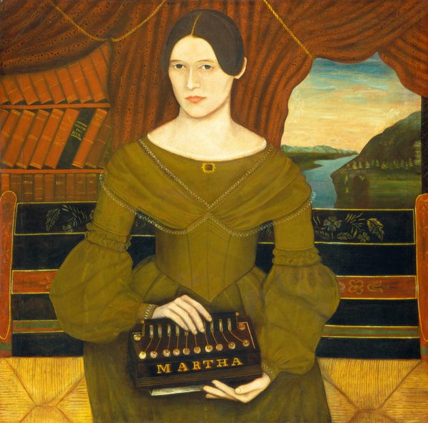 The image shows a portrait of a woman depicted from the waist up. She is seated and facing forward. Her facial features are characterized by a fair complexion, and her hair is dark brown, parted in the middle and pulled back neatly. She is wearing an olive green dress with puffed sleeves and detailed lace trim across the dress. The dress has a high neckline with a small square brooch at the collar. She holds a musical instrument with the name "MARTHA" emblazoned on it. The background features a red curtain with books stacked to one side and a landscape visible through an opening, showing a body of water flanked by trees and hills.