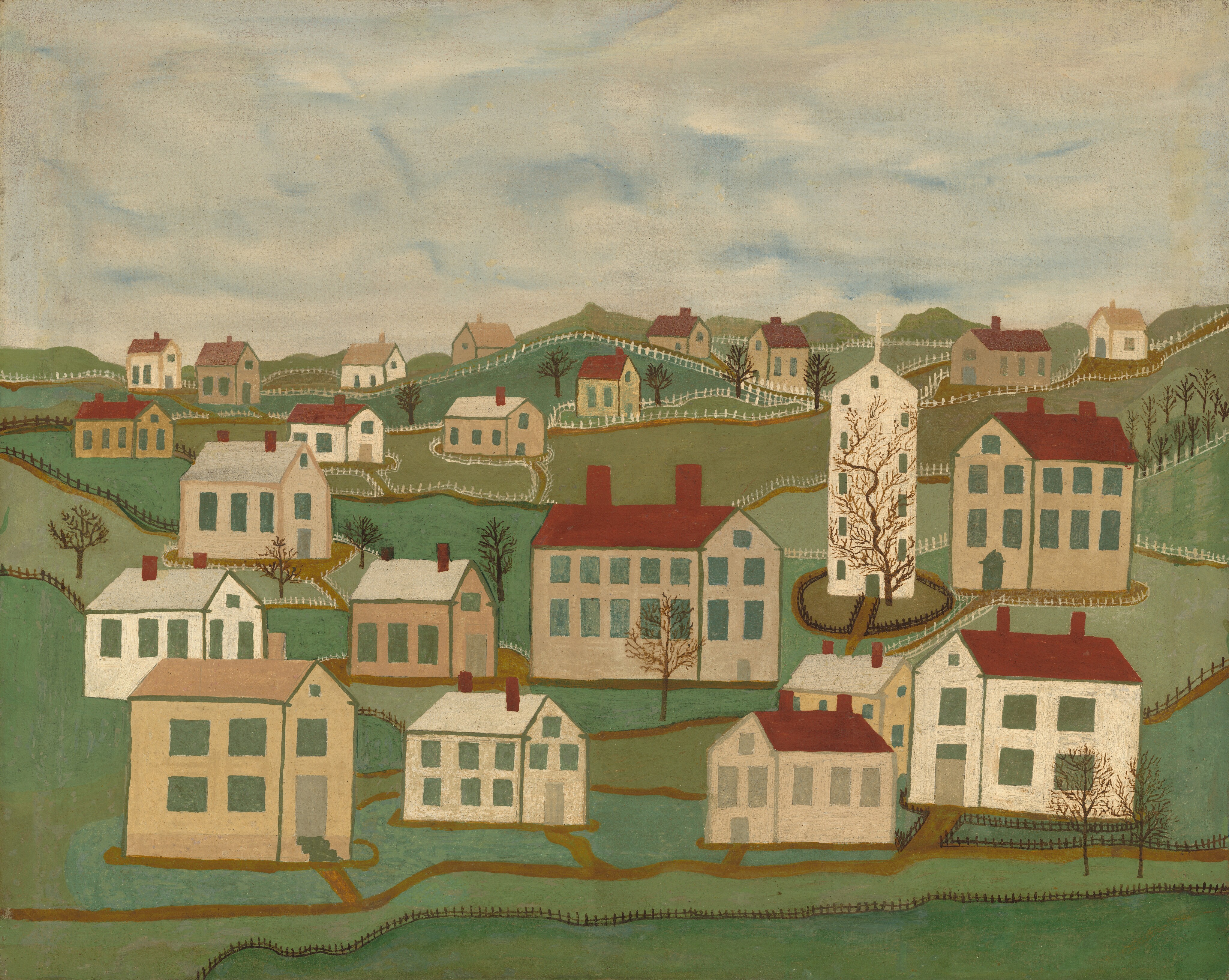 This painting depicts a landscape view from an elevated point, showing a village of white buildings with red and white roofs atop rolling green hills. The buildings are spread throughout the painting, with one white tower with a cross to the right of center. Thin brown paths and white fences crisscross the green land between the houses. The sky is overcast with light gray and hints of blue.