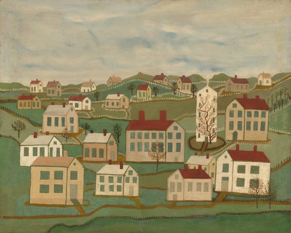 This painting depicts a landscape view from an elevated point, showing a village of white buildings with red and white roofs atop rolling green hills. The buildings are spread throughout the painting, with one white tower with a cross to the right of center. Thin brown paths and white fences crisscross the green land between the houses. The sky is overcast with light gray and hints of blue.