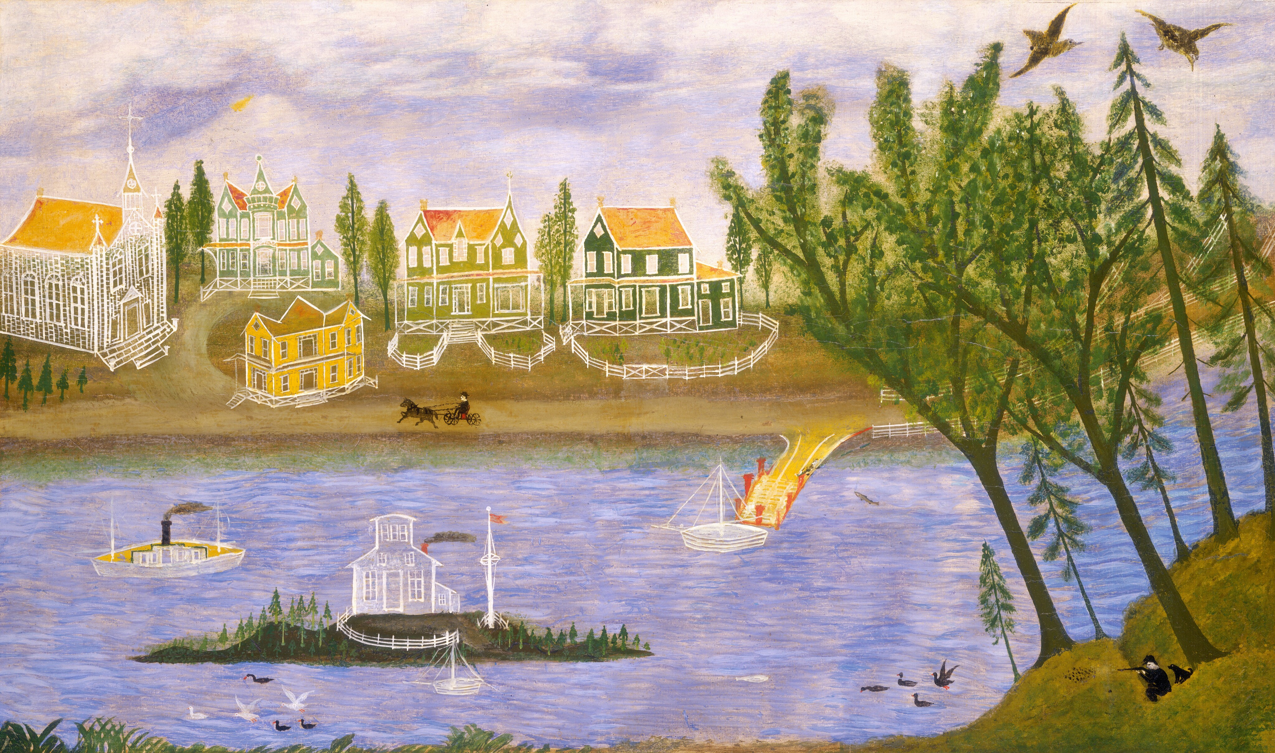 The painting shows a coastal area. Across the water, the horizon is behind several buildings of different colors, with trees and white fences between them. In the center, there is a small green island, a steamship, and a sailboat, as well as some black and white birds. Tall trees with dark green leaves are on a small section of land near the bottom right corner, with flying birds above them and a small person dressed in dark clothing sitting below them. The sky above is cloudy, and the water below reflects the clouds.