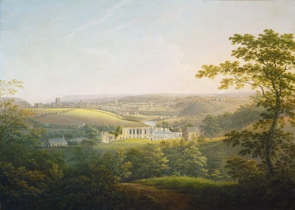 This painting features an elevated view of a pastoral landscape with a white city nestled among rolling hills. The horizon is just above the center of the painting, with the scattered buildings and green hills stretching beneath a vast light blue sky. Lush trees and foliage frame the land closest to us, with leaves in various shades of green and what looks like a small brown path leading from the top of a hill down towards the land in the distance. In the center of the painting, an ornate white building with large windows stands in a sunny patch of land, while distant structures are scattered amidst hills and valleys. The color palette includes muted greens, soft yellows, earthy browns, cool blues, and whites.