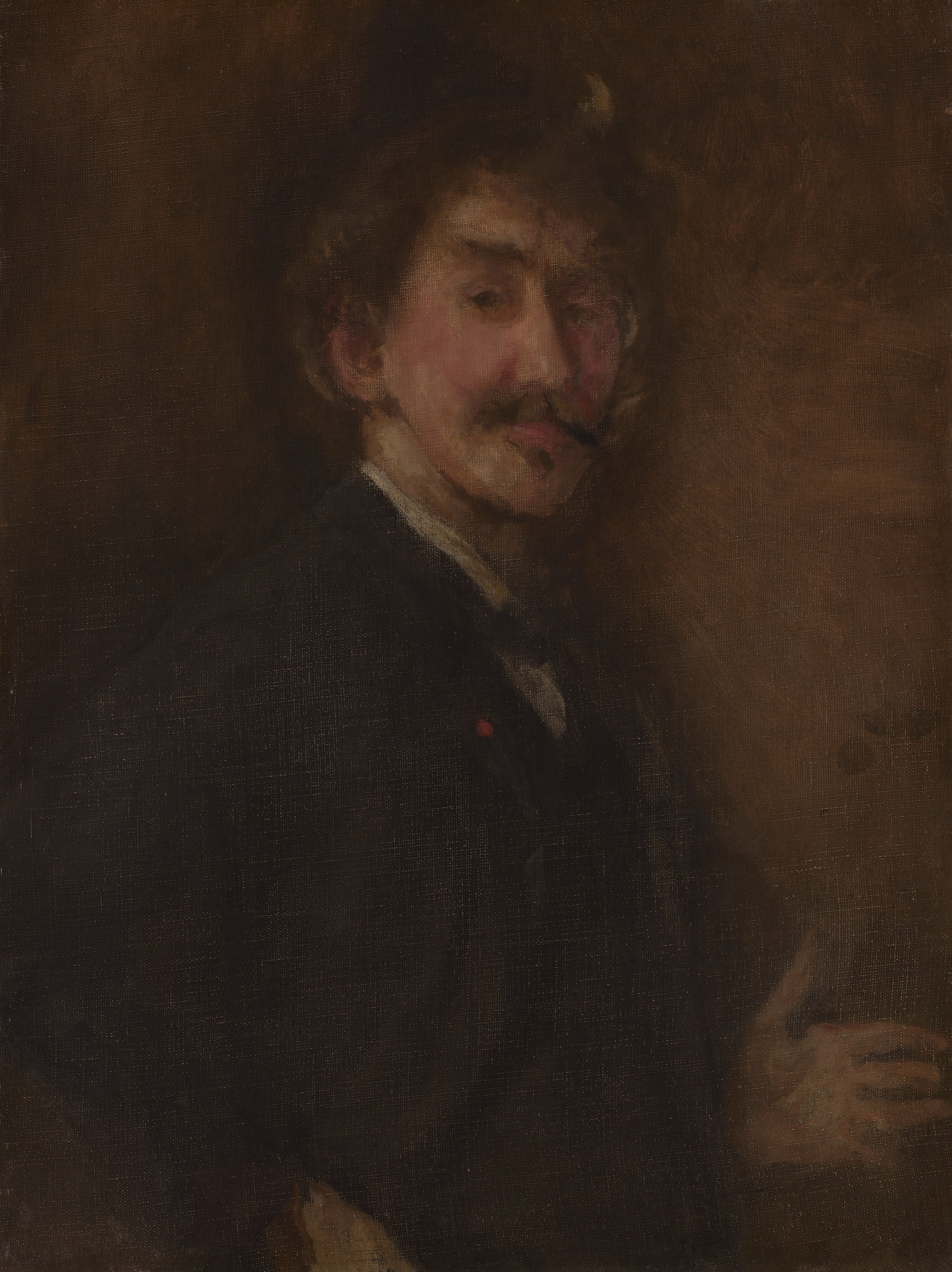 Shown from the waist up, a pale-skinned man with a mustache stands with one hand on his hip and the other hand held up in this dark-toned, vertical portrait painting. The man’s body is angled to our right almost in profile, but he turns his face to us. He looks out with dark eyes and one eyebrow lifted. He has a straight nose, flushed cheeks, a tuft of hair under his pink lower lip, a wide mustache, and a narrow chin. His brown hair appears to be tousled but it blends into the sable-brown background, making details difficult to make out. The edge of a white collar and shirt front is tucked into a dark vest. The jacket, also coffee bean brown, seems to be pulled back behind the man’s right hand, which is planted on his hip. The left hand, farther from us, is held up, palm toward us, near his waist. The portrait is loosely painted and the dark tonalities of the brown paint make many details hard to discern. Three slightly darker brown spots near the center of the right edge create a butterfly form.