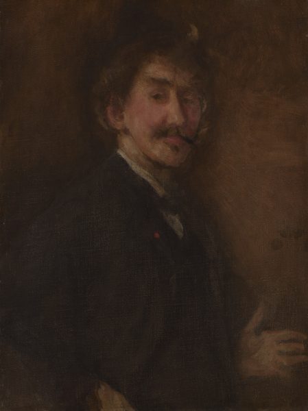 Shown from the waist up, a pale-skinned man with a mustache stands with one hand on his hip and the other hand held up in this dark-toned, vertical portrait painting. The man’s body is angled to our right almost in profile, but he turns his face to us. He looks out with dark eyes and one eyebrow lifted. He has a straight nose, flushed cheeks, a tuft of hair under his pink lower lip, a wide mustache, and a narrow chin. His brown hair appears to be tousled but it blends into the sable-brown background, making details difficult to make out. The edge of a white collar and shirt front is tucked into a dark vest. The jacket, also coffee bean brown, seems to be pulled back behind the man’s right hand, which is planted on his hip. The left hand, farther from us, is held up, palm toward us, near his waist. The portrait is loosely painted and the dark tonalities of the brown paint make many details hard to discern. Three slightly darker brown spots near the center of the right edge create a butterfly form.