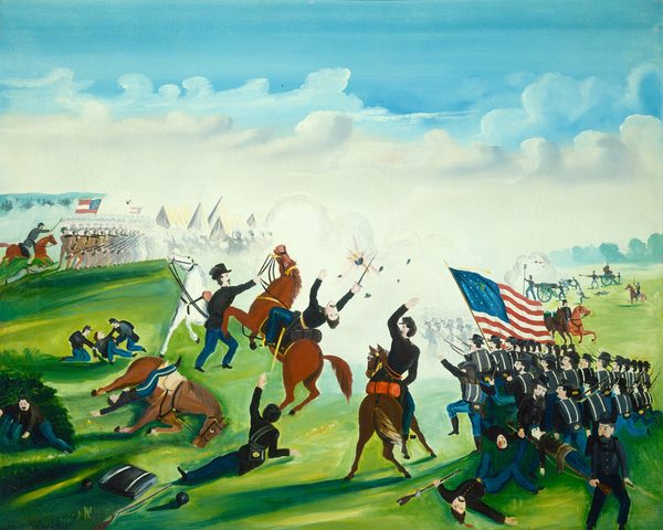 A battle scene set on a grassy field is painted with vivid, saturated tones of green, bright blue, brown, pearl white, and shades of gray and blue in this nearly square composition. The men closest to us wear uniforms of black jackets, dark blue pants, and flat-topped, brimmed caps. At the center, a man flails backward on a rearing chestnut-brown horse. A uniformed man with a goatee and wearing a high-crowned hat with a gray feather holds the reins of the rearing horse, as a white horse shies just beyond his shoulder. Another brown horse lies on the ground, tongue out, with a man draped over its saddle nearby. In the near distance, two men help an injured solider. Closer to us, a man reaches for some bushes and another lies on the ground, one arm raised. A screen of white smoke obscures the view beyond the rearing horse, and a black form at the center of orange and red streaks could represent an explosive. Another soldier on a brown horse raises one hand just to the right of the others, and three lines of troops press forward to the right following an American flag with seventeen visible stars and the thirteen red and white stripes held aloft by a bearer in the front row. Two men lie dead on the ground here, and another man is carried away on a stretcher. More troops stand in rows or man cannons in the background. A line of soldiers wearing brown and a mounted officer wearing a gray uniform advance from the left in the background. These troops hold flags with two red stripes flanking a single white stripe, and blue fields with seven stars. White clouds kick up in the blue sky above. The scene is painted simply in an almost cartoonish style.
