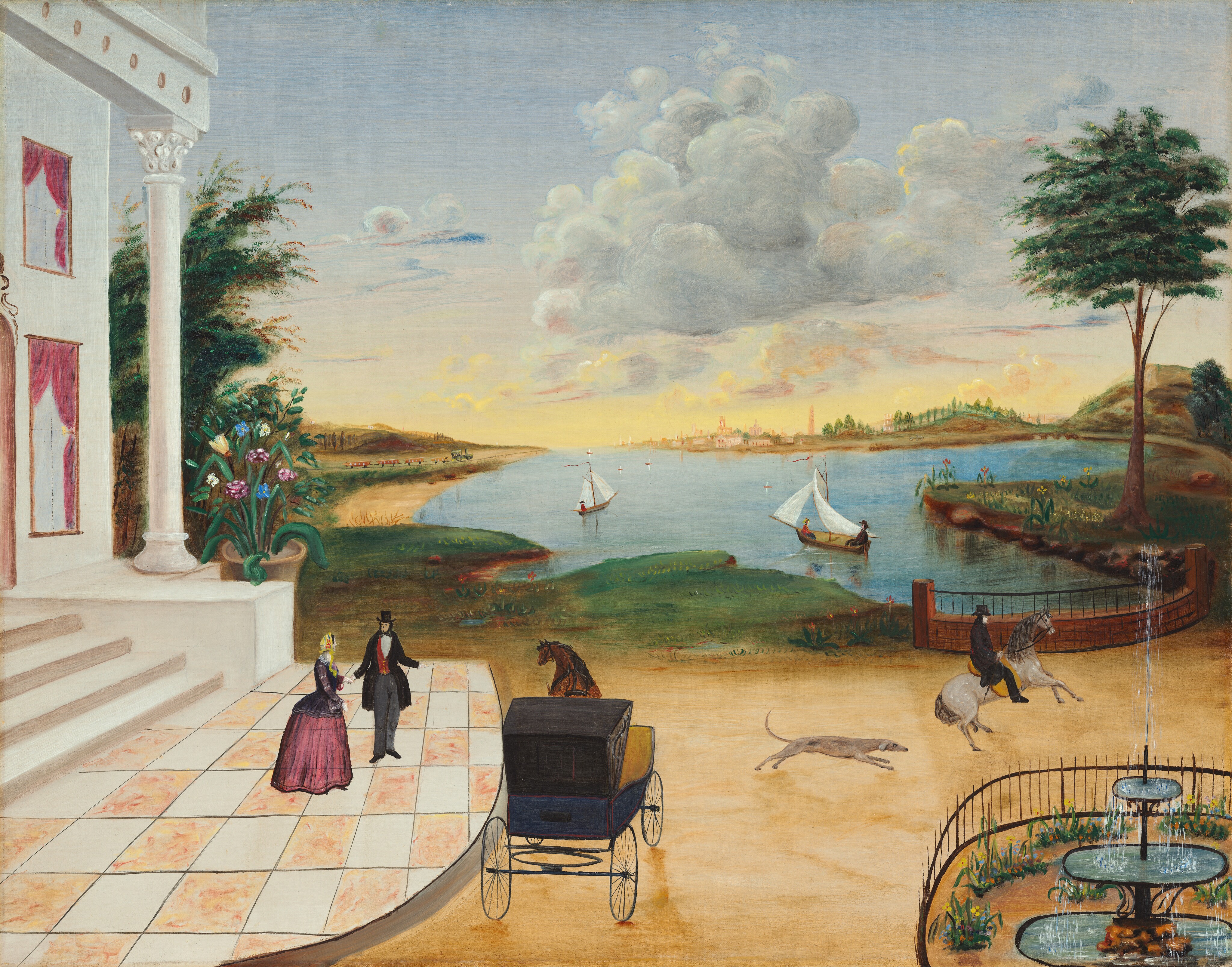 The image depicts a painting of an estate overlooking a body of water. An ornate house with white columns and pink and peach checkered steps is in the foreground. A man and a woman in Victorian attire stand on the pathway. A horse-drawn carriage and a greyhound are nearby. A path leads to the riverside with a person on horseback riding alongside. Sailboats drift on the water, and buildings are visible in the distance. Soft, billowy clouds fill the sky, and the color palette consists of pastel tones including warm yellows, oranges, greens, and blues.