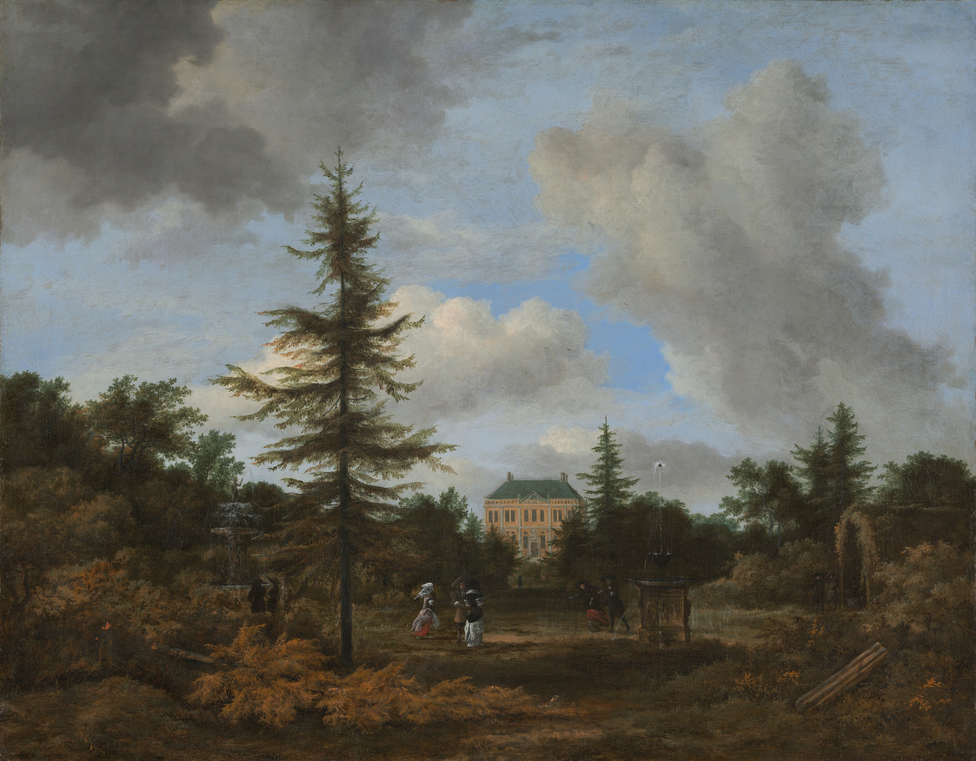 A garden with two fountains stretches back to a manor house in the distance in this horizontal landscape painting. The horizon comes about a third of the way up the composition, and gray clouds tower in the vivid blue sky above. A pine tree closer to us to the left of center rises high against the sky. There are a few more evergreens to the right among dark-green canopied trees. A yellowed pine tree has fallen on the grassy lawn in the lower left quadrant of the composition. Just beyond this, the fountain to the left has a tall, columnar base under a dish-like basin. Water fountains sprays up and out from the center of the dish and trickles down the sides. The fountain is topped with a statue, perhaps of a child. Three people stand at the base of this fountain, which is three times their height. The fountain to the right has a blocky base about the height of a person. Water streams out from the front and two sides in this view. On the base is an urn-like form that shoots water high into the air. Five more people stand, run, or walk across the garden between the fountains. The women’s long dresses have red, white, or black skirts and pale pink or black bodices. Two wear black head coverings, and the third wears a white head covering. One man wears brown and the other black, and both have wide-brimmed hats. Near the right edge of the painting, three more people wearing black stand around an arched opening that appears to be covered in moss and/or other plants. The people all appear to have light skin but not all faces or hands are visible. A broken column lies in the bushes in the lower right corner of the composition. The final person stands entirely in shadow in the distance between two rows of trees that flank an opening to the house. The structure appears to have two tall stories with four chimneys on the dark green-gray roof and light brown walls. Angular bays of windows are outlined with white trim on the symmetrical façade.