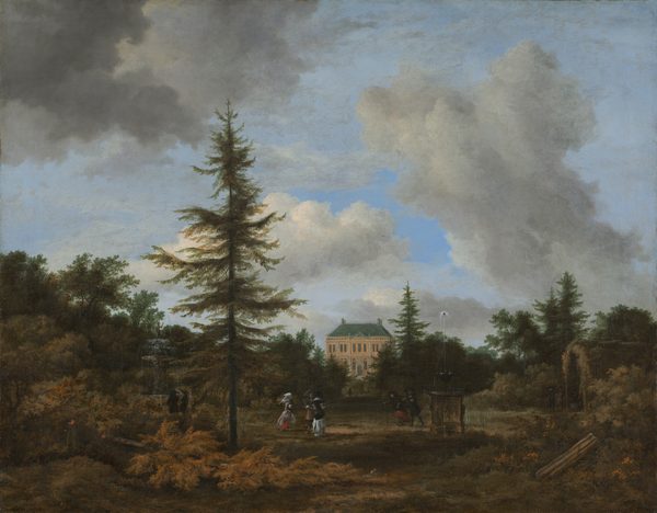 A garden with two fountains stretches back to a manor house in the distance in this horizontal landscape painting. The horizon comes about a third of the way up the composition, and gray clouds tower in the vivid blue sky above. A pine tree closer to us to the left of center rises high against the sky. There are a few more evergreens to the right among dark-green canopied trees. A yellowed pine tree has fallen on the grassy lawn in the lower left quadrant of the composition. Just beyond this, the fountain to the left has a tall, columnar base under a dish-like basin. Water fountains sprays up and out from the center of the dish and trickles down the sides. The fountain is topped with a statue, perhaps of a child. Three people stand at the base of this fountain, which is three times their height. The fountain to the right has a blocky base about the height of a person. Water streams out from the front and two sides in this view. On the base is an urn-like form that shoots water high into the air. Five more people stand, run, or walk across the garden between the fountains. The women’s long dresses have red, white, or black skirts and pale pink or black bodices. Two wear black head coverings, and the third wears a white head covering. One man wears brown and the other black, and both have wide-brimmed hats. Near the right edge of the painting, three more people wearing black stand around an arched opening that appears to be covered in moss and/or other plants. The people all appear to have light skin but not all faces or hands are visible. A broken column lies in the bushes in the lower right corner of the composition. The final person stands entirely in shadow in the distance between two rows of trees that flank an opening to the house. The structure appears to have two tall stories with four chimneys on the dark green-gray roof and light brown walls. Angular bays of windows are outlined with white trim on the symmetrical façade.