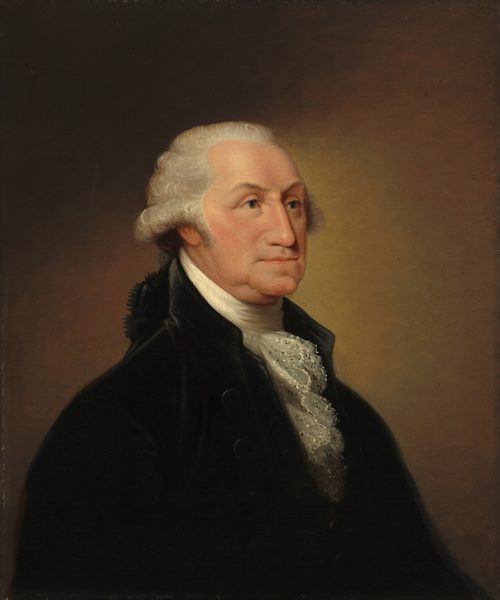 This painting is a portrait a man seen from the waist up, looking off to the right. He has light skin and light gray hair styled in curls above his ears. The man has a soft jawline, a wrinkled brow, a long, straight nose, and deep-set eyes. He is wearing a black coat with a high collar and a white ruffled shirt or cravat at the neck. The background is a gradient of muted brown tones, with lighter ones at the center and darker ones at the edges.