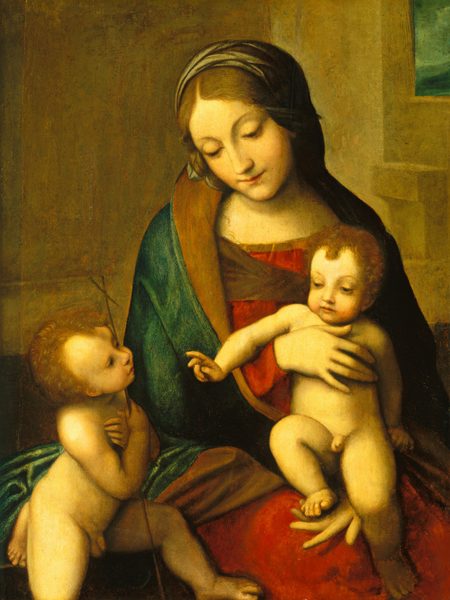 The image shows a woman and two children. The woman is seated, leaning slightly forward, with closed eyes and a serene expression. She has brown hair and wears a dark green robe over a brown dress, with a veil partially covering her hair. One child sits on her lap, while the other child sits beside her, holding a small branch. The children have curly brown hair and are unclothed. The background is a warm golden-brown tone.