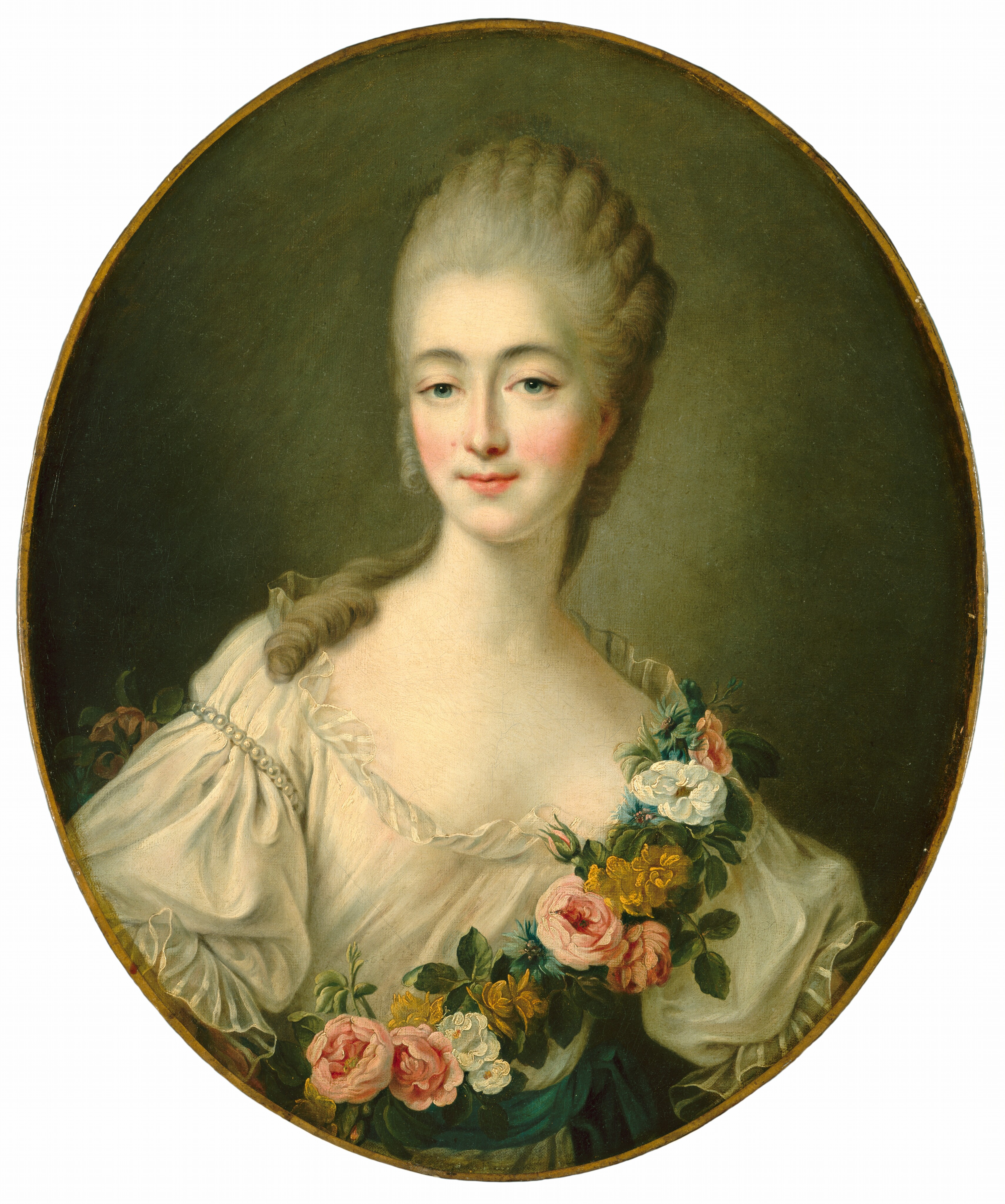 This painting is an oval portrait featuring a woman with fair skin, rosy cheeks, and elaborately coiffed light gray hair, a curl of which falls down over her right shoulder. She wears a light dress with a low neckline and puffed sleeves with a string of pearls on the shoulder, complemented by a garland of colorful pink, yellow, and light blue flowers hanging across her chest. The background is a simple, muted green color.