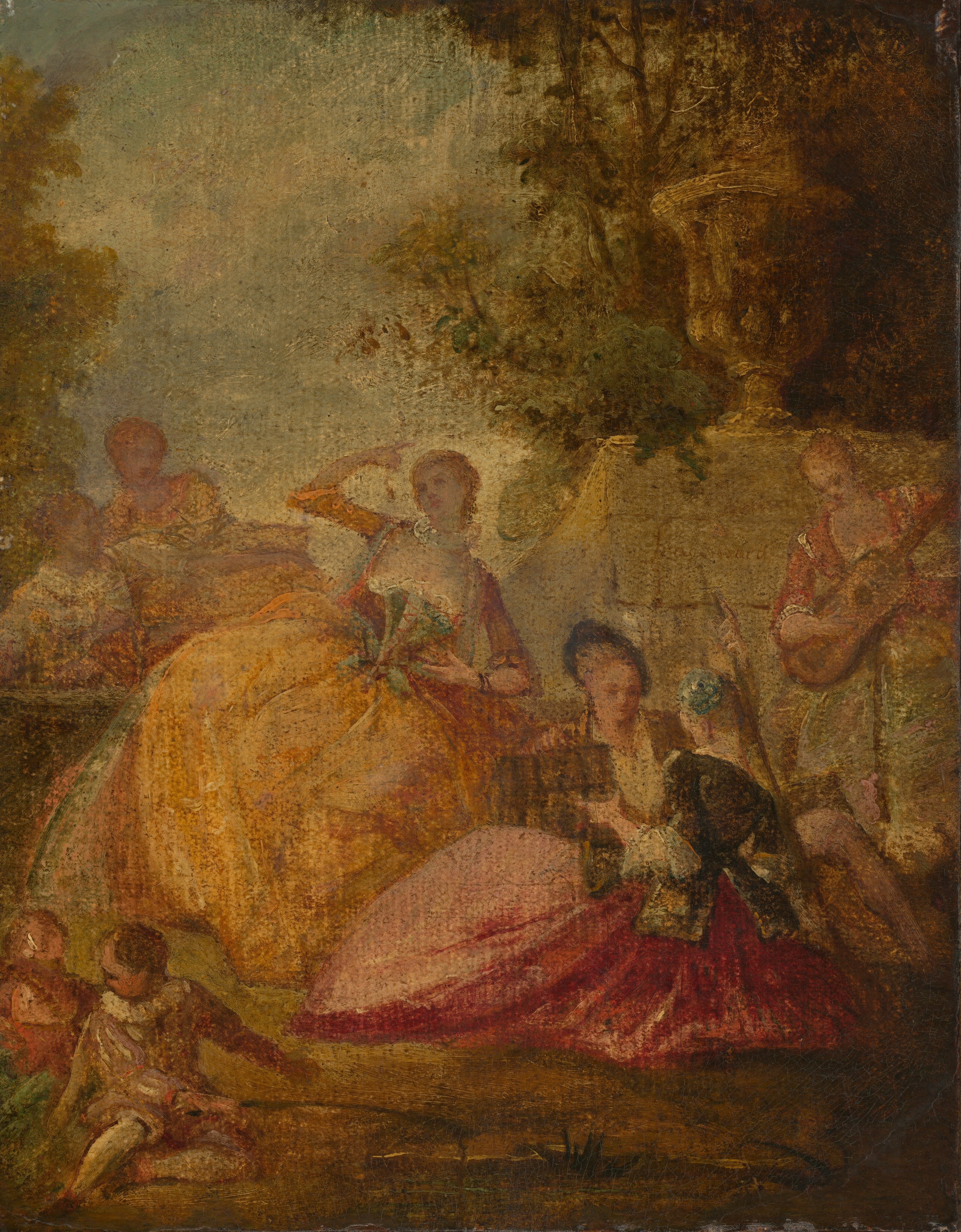 Five women, one man, and two children gather in a garden near a stone wall topped with an oversized urn in this vertical painting. The hues are muted, and the texture of the canvas is visible throughout. All the people have pale skin and blond or pale hair. The women wear dresses with long, voluminous skirts in shades of rose pink, canary yellow, olive green, and ivory white. One woman sits with her back to us as she faces a young, clean-shaven person. One stockinged leg extended to the right suggests that person is a man. The pair hold a boxy object, but details are difficult to make out. Another woman sits up on a bench to the left, and two more recline in the background near the left edge of the canvas. A woman plays a guitar-like instrument to the right, and two children sit on the grass in the lower left corner. The stone wall edges in from behind the musician along the right end and then turns ninety degrees away from us. Dark, spruce-green trees grow up behind the wall, and paler, celery green tree canopies line the left edge of the canvas. The sky is pale, watery blue.