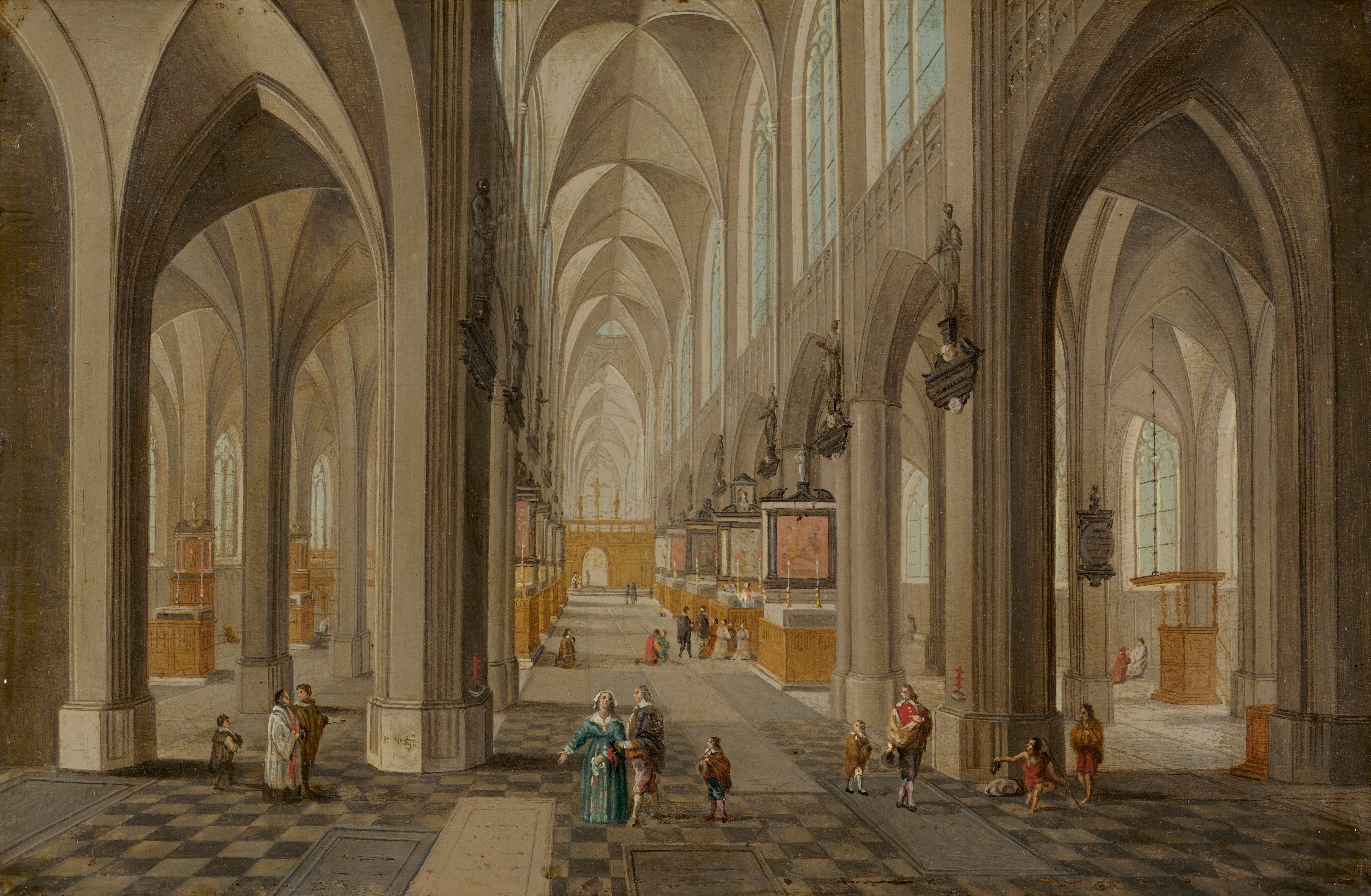 This is a painting of a Gothic-style cathedral interior. The building features tall, cream-colored arches and vaulted, ribbed ceilings. There are framed artworks above wooden pulpits with lit candles on them, and dark gray statues high on the walls. A light blue sky is visible through tall windows, and the floor is a checkered white-and-black pattern, occasionally disrupted by rectangles of gray and white. Men, women, and children dressed in vibrant clothing walk across the floor or kneel by altars.
