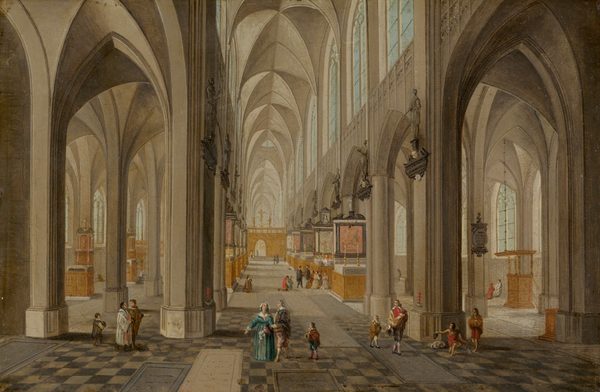This is a painting of a Gothic-style cathedral interior. The building features tall, cream-colored arches and vaulted, ribbed ceilings. There are framed artworks above wooden pulpits with lit candles on them, and dark gray statues high on the walls. A light blue sky is visible through tall windows, and the floor is a checkered white-and-black pattern, occasionally disrupted by rectangles of gray and white. Men, women, and children dressed in vibrant clothing walk across the floor or kneel by altars.
