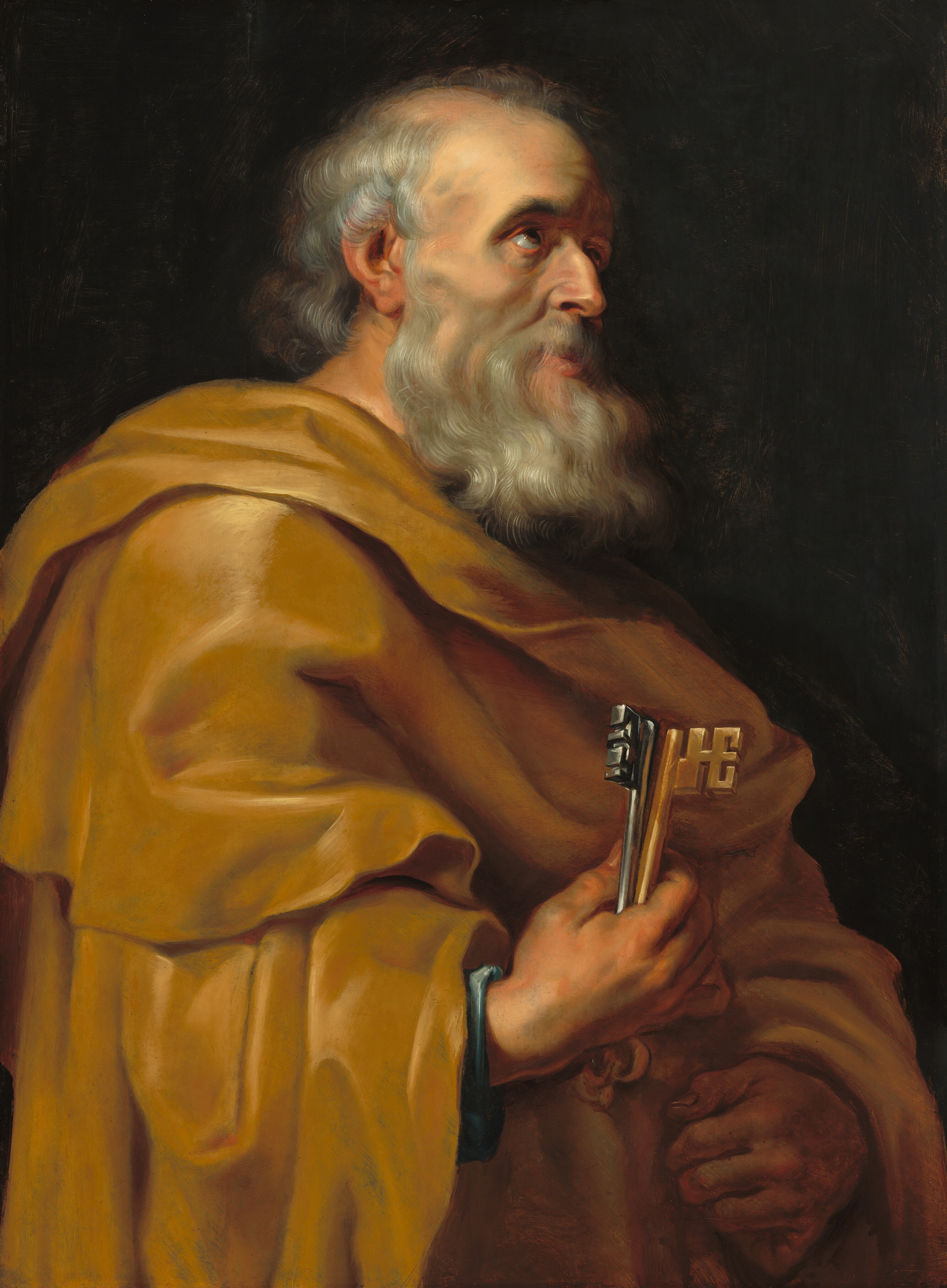 Shown from the waist up, an elderly man with pale, peachy skin, wavy, silvery-gray hair, and a long beard stands facing our right, almost filling this vertical painting. He wears a butterscotch-gold robe and clutches two large skeleton keys the length of his forearm in his right hand while his other fist rests at his waist. One key is iron gray and the other is copper colored. The man’s balding, high forehead slopes down to thick black brows arching over deep-set, hazel eyes that gaze upward. He has a long nose, pale pink mouth, and hollows under his high cheekbones. He is brightly lit from the upper left against an ink-black background. The strong light creates shadows in the folds of his garment and on his craggy features.