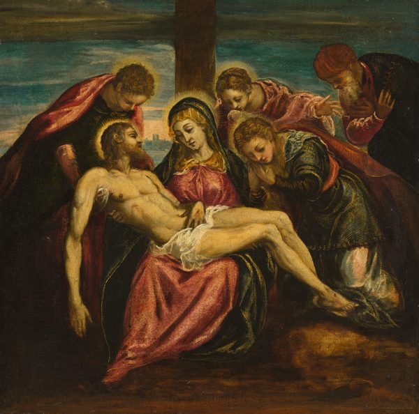 A nearly nude man, Jesus, lies across the lap of one woman as four more people bow and crouch to be close to him in this square painting. The people all have pale skin with a yellow cast. Five of the six people have blond hair and halos. The woman, Mary, sits at the foot of a vertical wooden beam. She wears a gold-colored veil over her head and shoulders. A gold-trimmed, midnight-blue mantle drapes over her head and over her raspberry-pink dress. She braces Jesus’s nearly nude, muscular body with one hand under his upper back to the left and his knees to the right. Jesus’s eyes are closed, and his limbs hang limp. He has a blond beard and hair, and a white cloth is wrapped around his hips. Red streaks mark the back of his hands and the foot we can see, and a gash is over his right ribs. To the left, a clean-shaven man supports Jesus’s torso with hands hooked under the dead man’s armpits. Two more women bend over Jesus’s body to our right of Mary. They also wear midnight blue and pink, and both hold their hands by their faces. The only person without a halo is to the right, near the edge of the canvas. He has a long white beard and wears a pink turban and robe under a dark cloak. He crosses both hands over his chest as he leans forward toward Jesus. A dark tan-brown streak crosses the muted blue sky above. A few buildings are silhouetted against peach-toned light along the horizon, which comes about halfway up this composition. The ground beneath the group is earth brown.