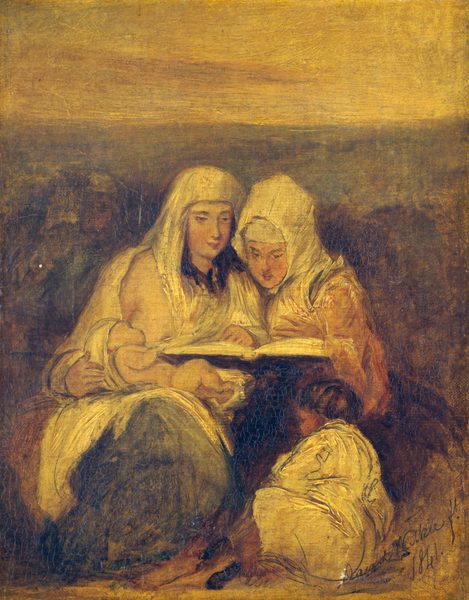 The image shows three people sitting closely together. Two adults have serene facial expressions and wear flowing, light-colored garments and head coverings. The third person, possibly a child, is leaning forward with their back facing the viewer. They are all looking at an open book. The backdrop is a textured sky transitioning from golden yellow at the top to darker, earthy tones at the bottom.
