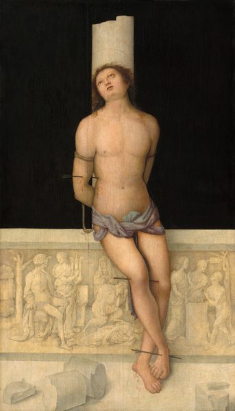 This painting shows a man leaning against a tall white column with his arms tied behind his back. He has light skin and shoulder-length brown hair, and his face is tilted upward with his eyes raised. He is pierced with arrows in several places on his body, including his arm, torso, knee, and foot. He is bare-chested and wears a draped, light purple cloth tied around his waist. The background is solid black, and the top of the column the man leans against is broken off. At the bottom of the column, there is a detailed white stone relief with figures in varying poses, along with some fragmented pieces of stone on the white stone ground.