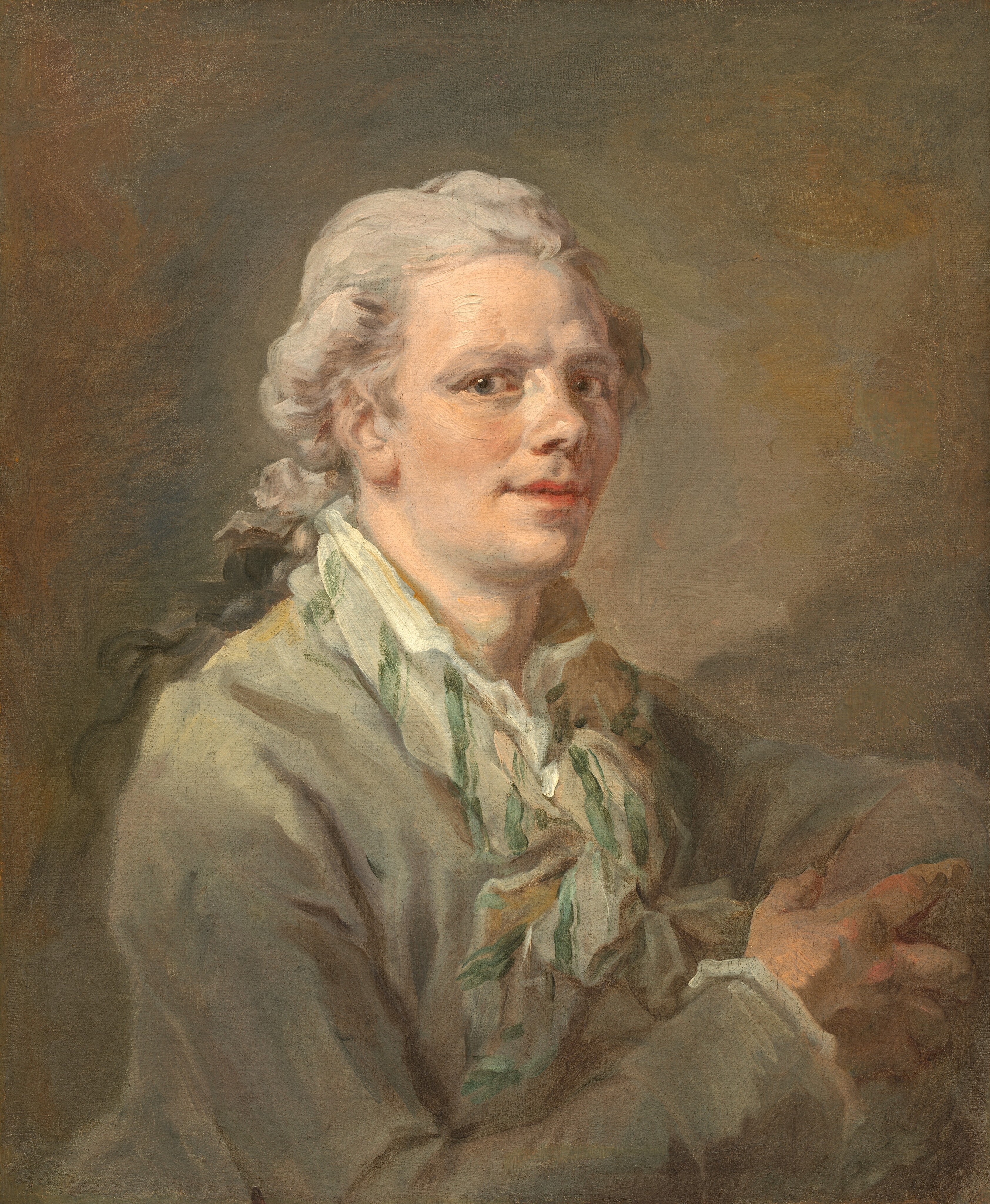 The painting depicts a man looking towards us, his body slightly turned to the right. He has fair skin, prominent cheekbones, an upturned nose, and red lips in a slight smile. His light gray curly hair has been put in a low ponytail at the back of this neck. He is dressed in a pale green garment with a striped green scarf around his neck. His hands are on the right, holding an indistinct gray object. The background is a mix of brown and gray tones.
